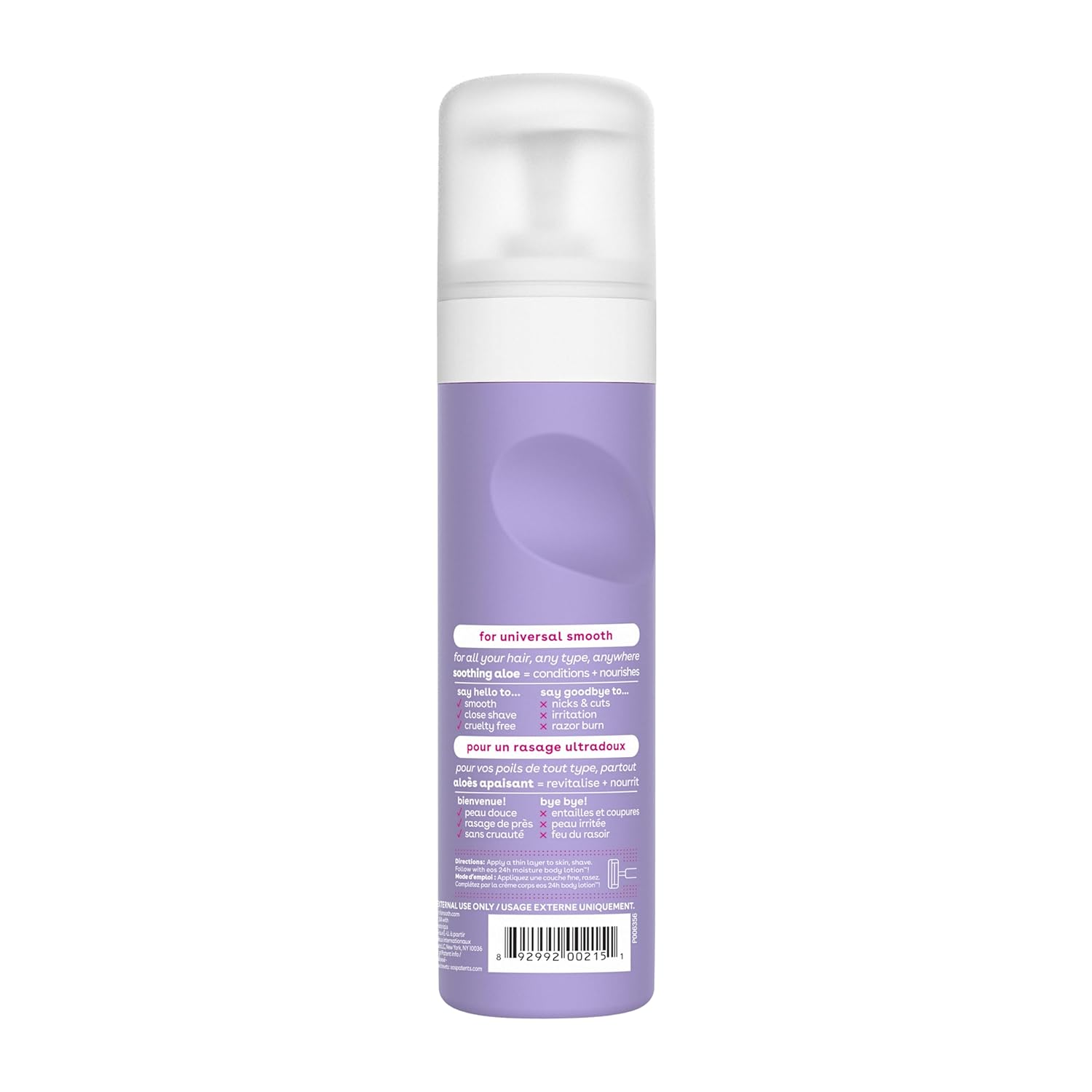 Highlights multiple benefits of the product including universal smoothing for all hair types and soothing properties of aloe.