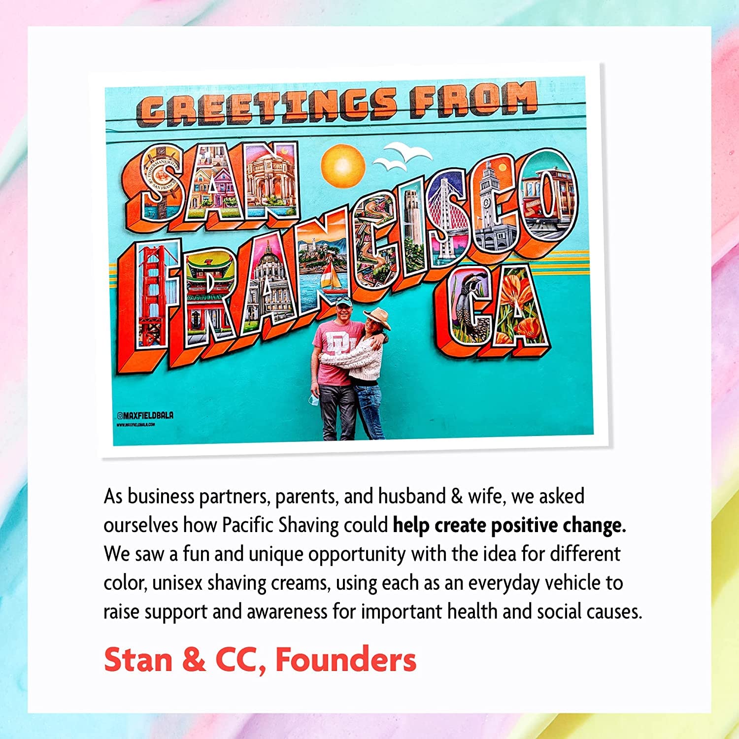Introduces the founders and explains the brand's mission to create positive change through their product line.