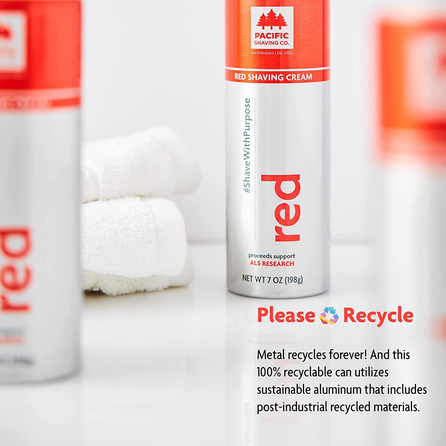 Highlights the product's environmentally friendly packaging to appeal to eco-conscious consumers. Emphasizes the brand's support for ALS research, associating the product with a charitable cause.