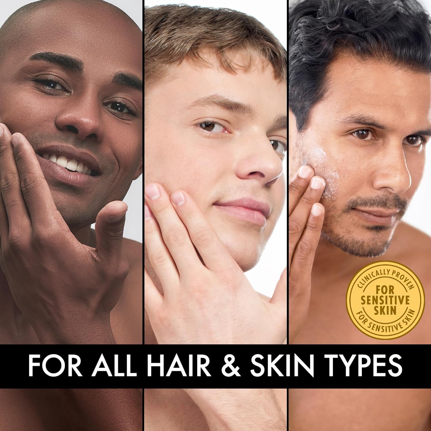 Demonstrates that the product is suitable for all hair and skin types, including sensitive skin.