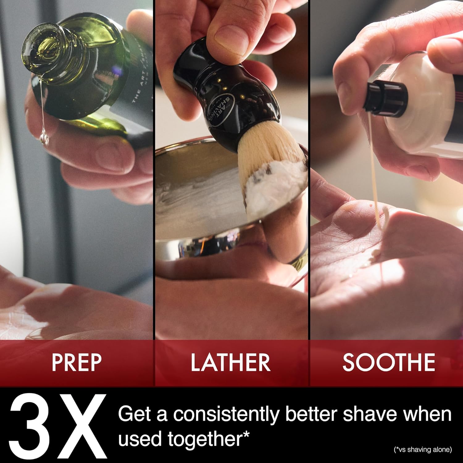 Demonstrates the recommended 3-step shaving process to achieve a better shave, emphasizing the importance of using the products together.