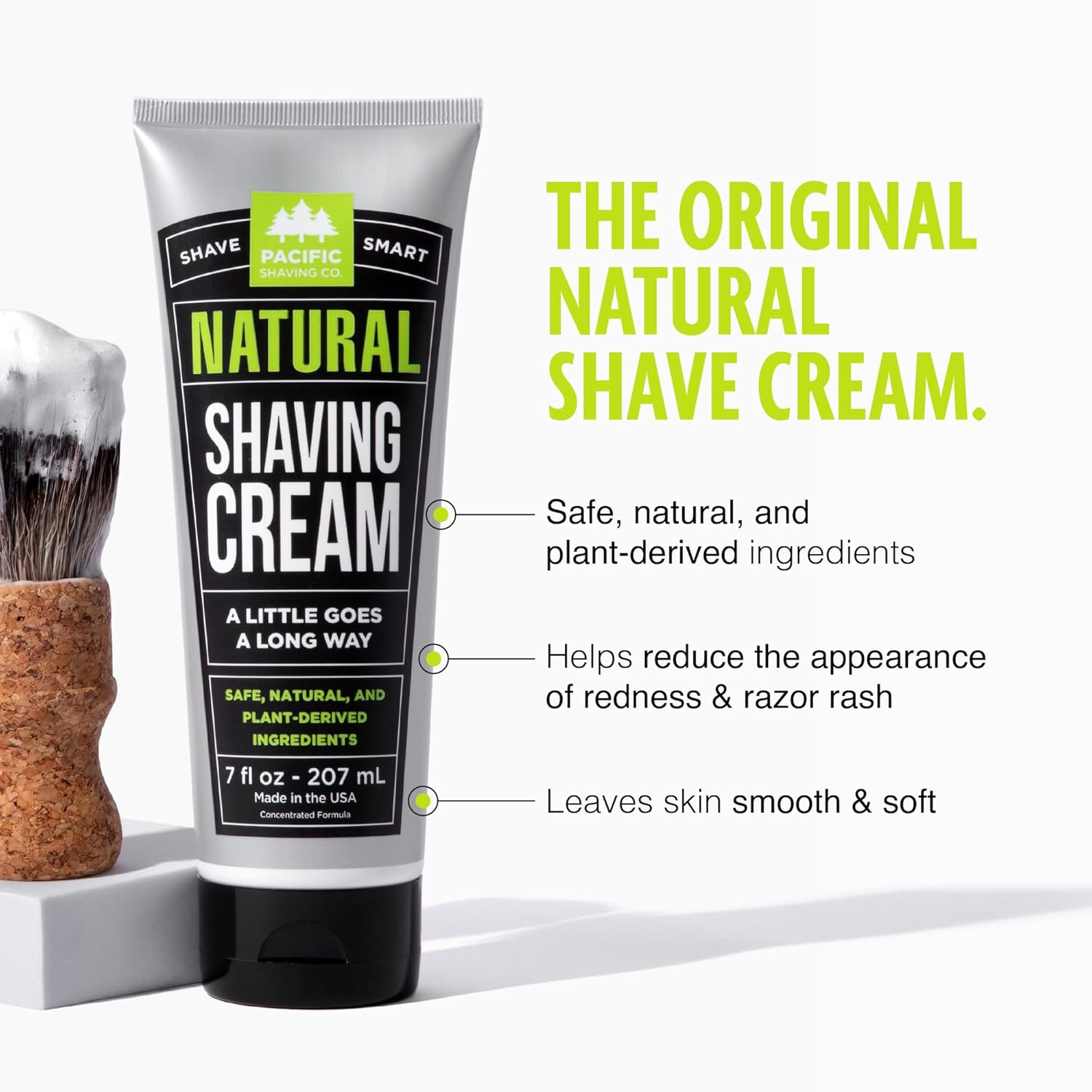 Highlights multiple benefits of the natural shaving cream, including safe ingredients, reduced skin irritation, and smooth results.