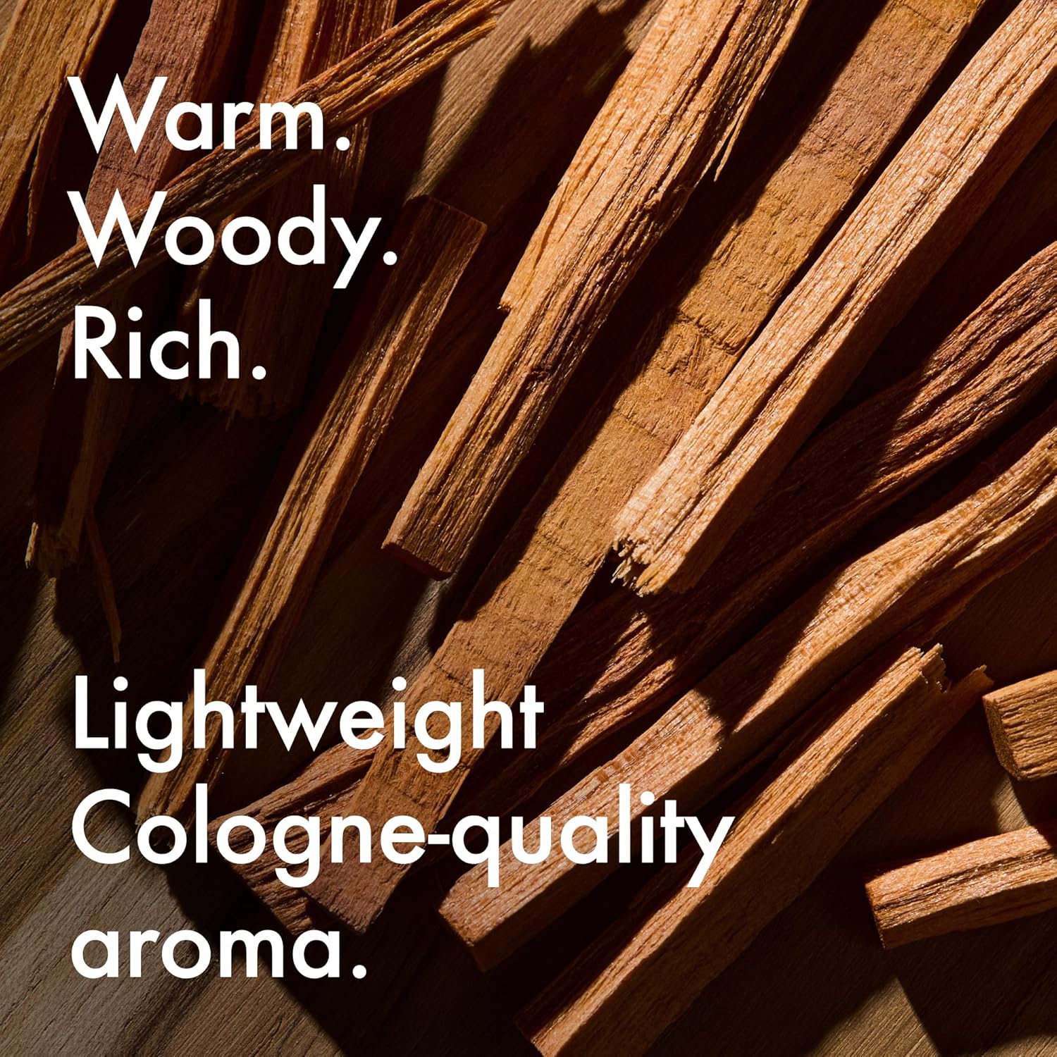 Highlights the product's warm, woody, and rich scent profile while emphasizing its lightweight and high-quality cologne-like aroma.