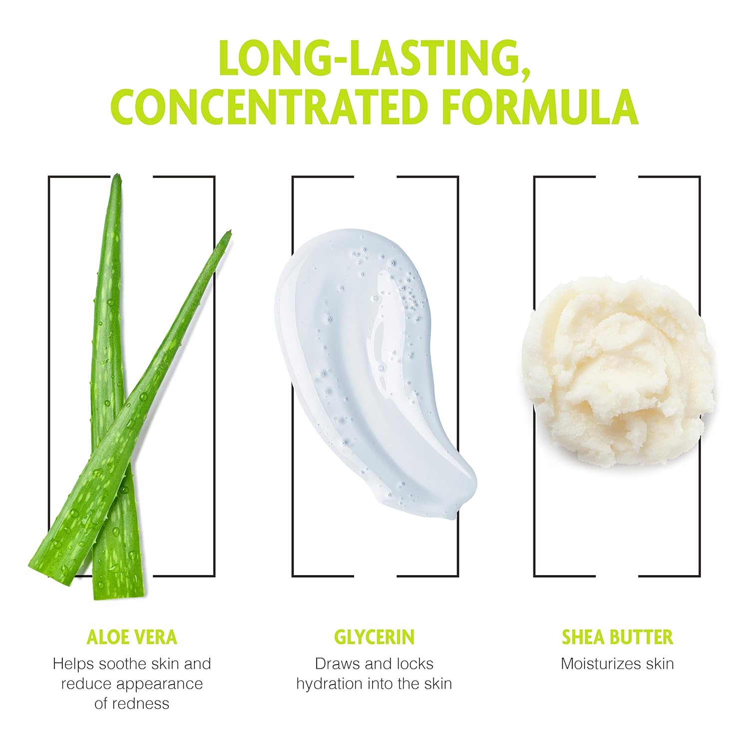 Highlights the product's long-lasting and concentrated formula, showcasing key ingredients and their benefits for skin care.