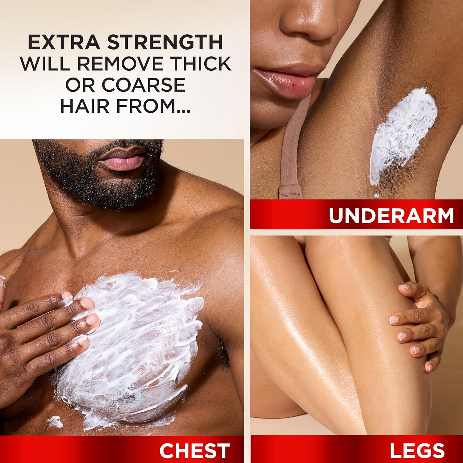 Demonstrates the product's effectiveness for removing hair from multiple body areas, including chest, underarm, and legs. Highlights the product's ability to remove thick or coarse hair, emphasizing…