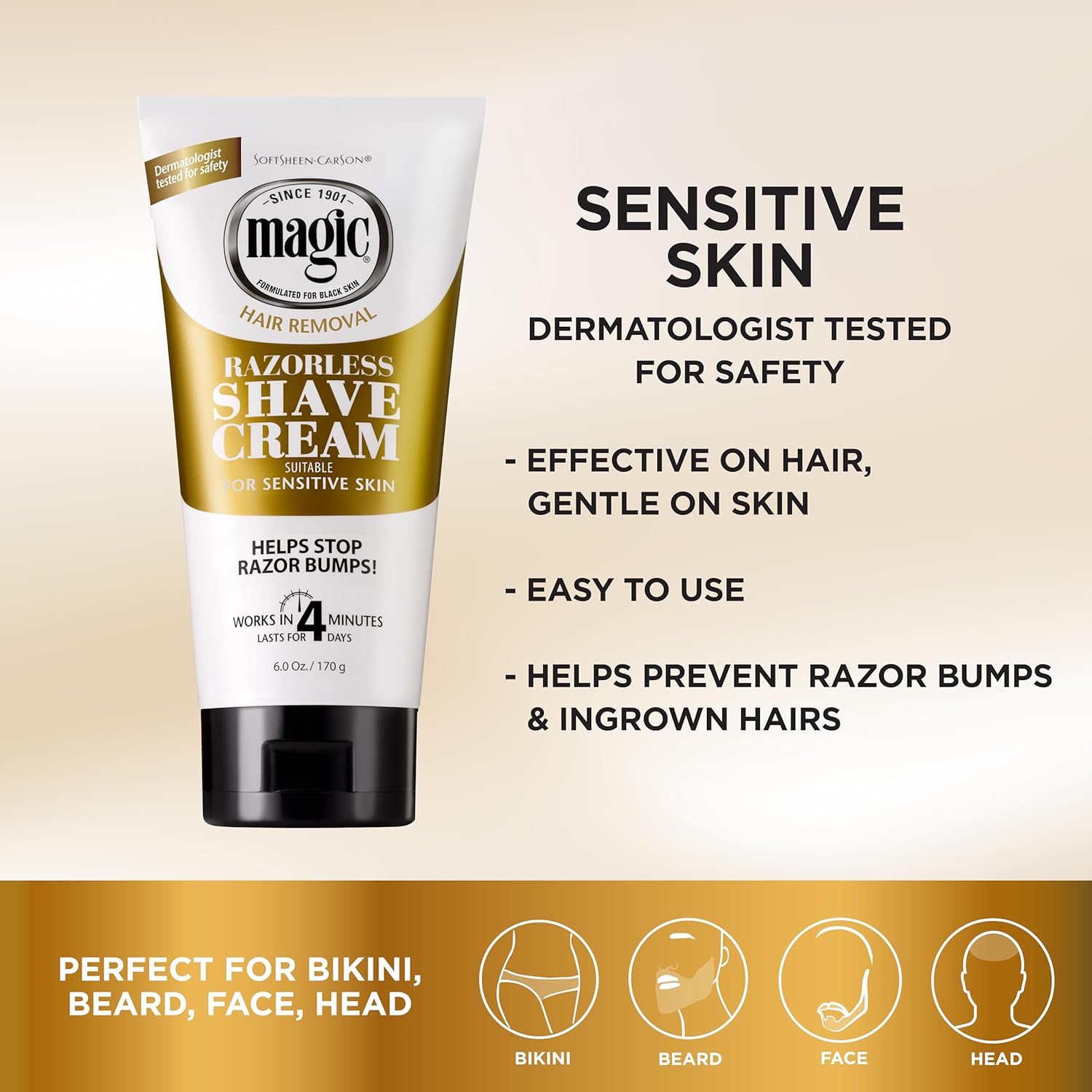 Highlights multiple benefits of the shave cream to reassure customers about its safety, effectiveness, and ease of use for sensitive skin. Shows the versatility of the product by illustrating…