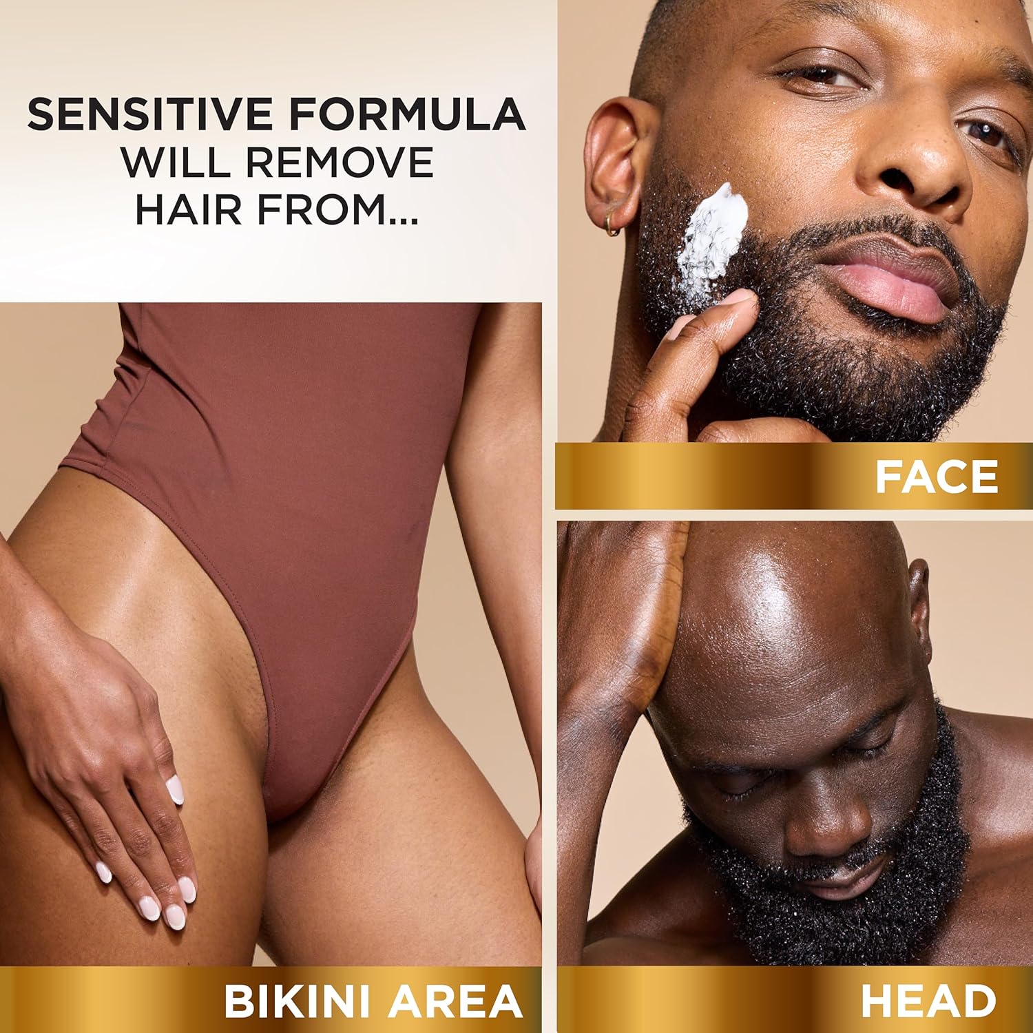 Demonstrates the versatility of the product by showing it can be used on different body areas including face, bikini area, and head.