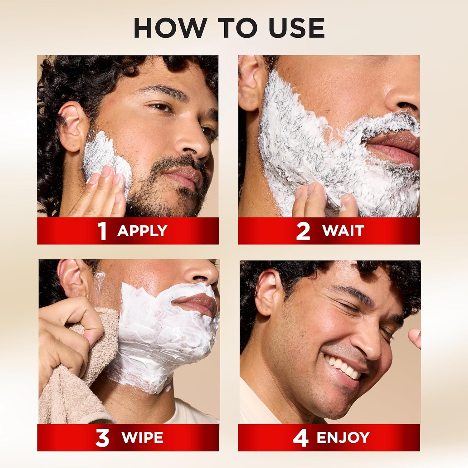 Demonstrates the step-by-step process of using the shaving cream product, from application to enjoyment of results.