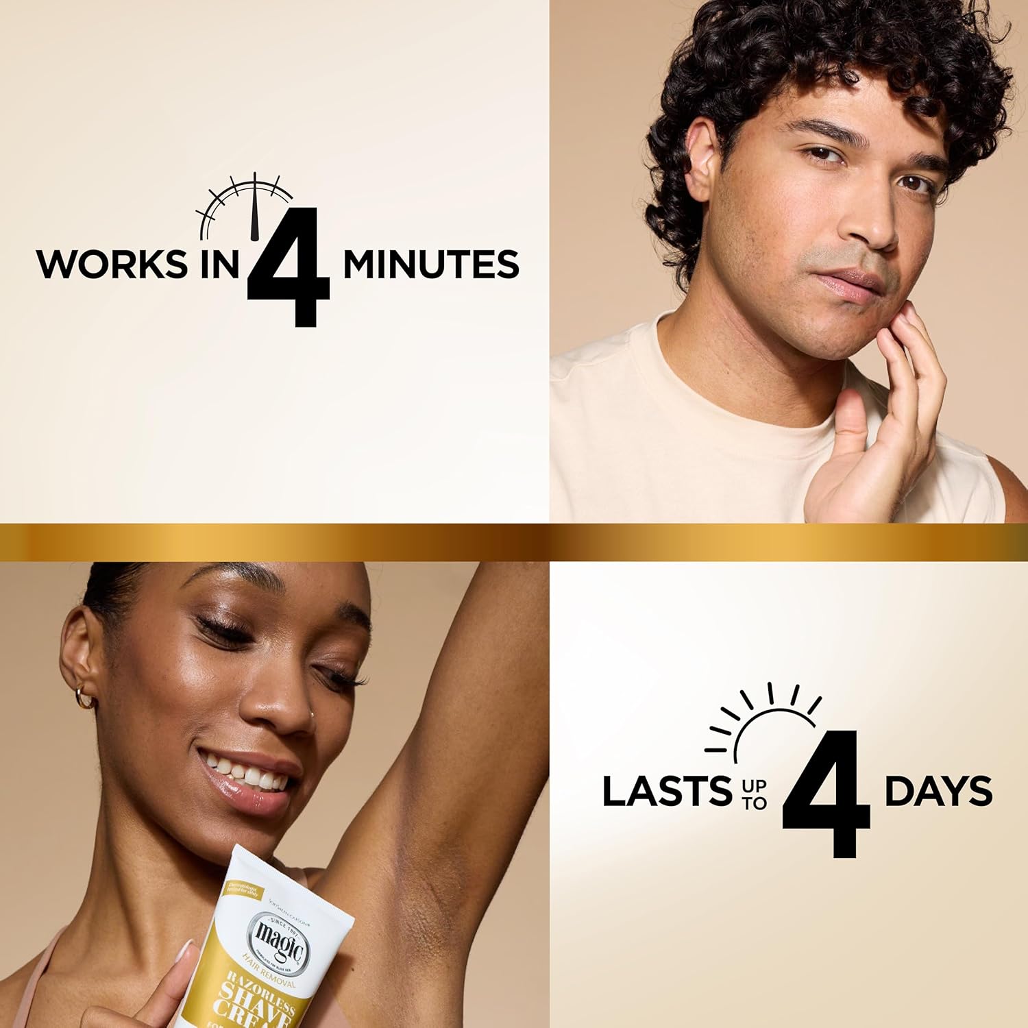 Highlights the product's fast application time and long-lasting results to emphasize convenience and effectiveness.