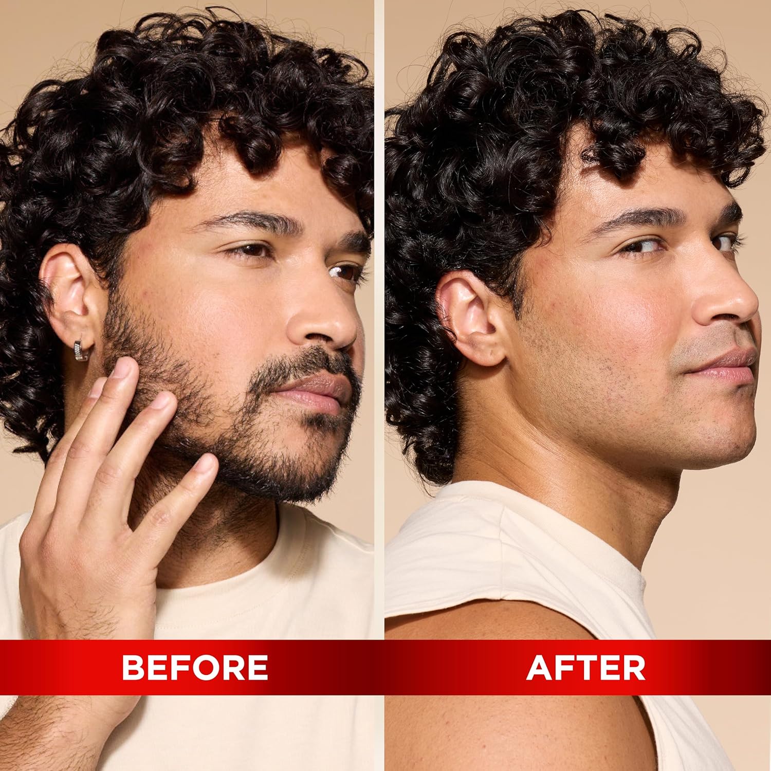 Demonstrates the effectiveness of a hair removal or grooming product by showing the difference in facial hair before and after use.