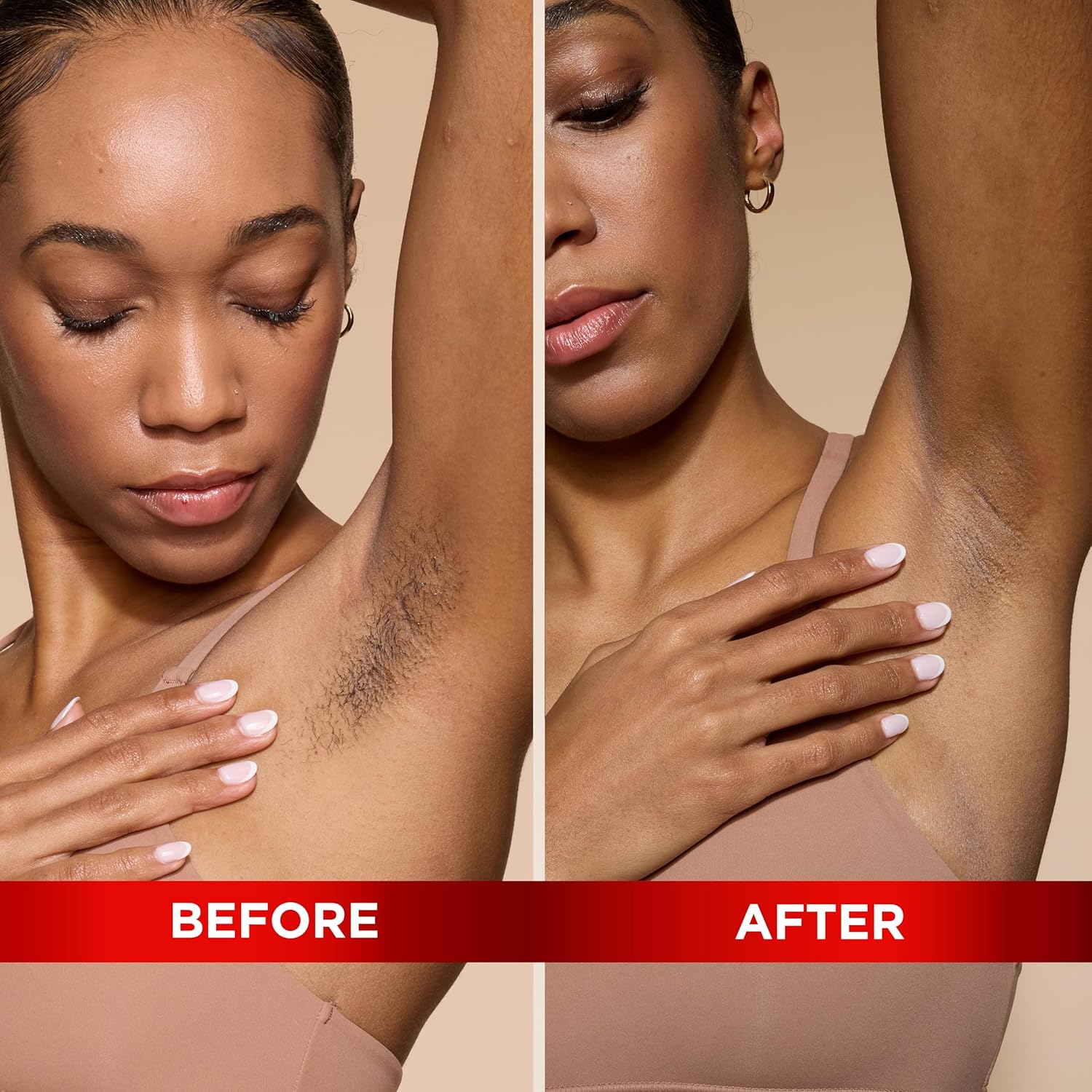 Demonstrates the effectiveness of the product in removing underarm hair, showing a clear before and after comparison.