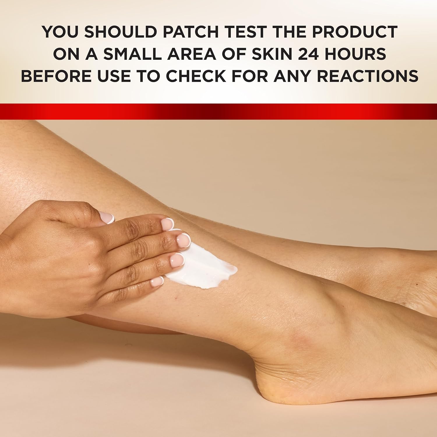Instructs customers on how to safely test the product for potential skin reactions before full use. Emphasizes the importance of checking for skin compatibility to ensure safe use of the product.
