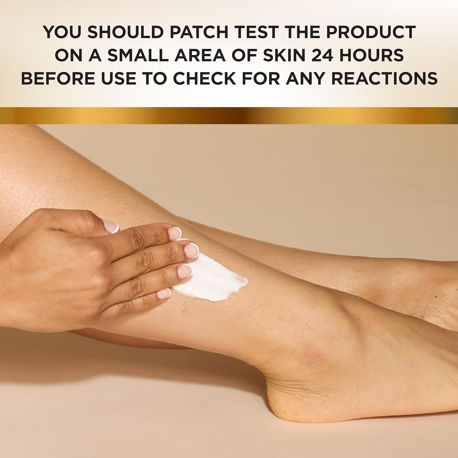 Instructs customers on how to safely test the product for potential skin reactions before full use. Emphasizes the importance of checking for skin compatibility to ensure safe use of the product.