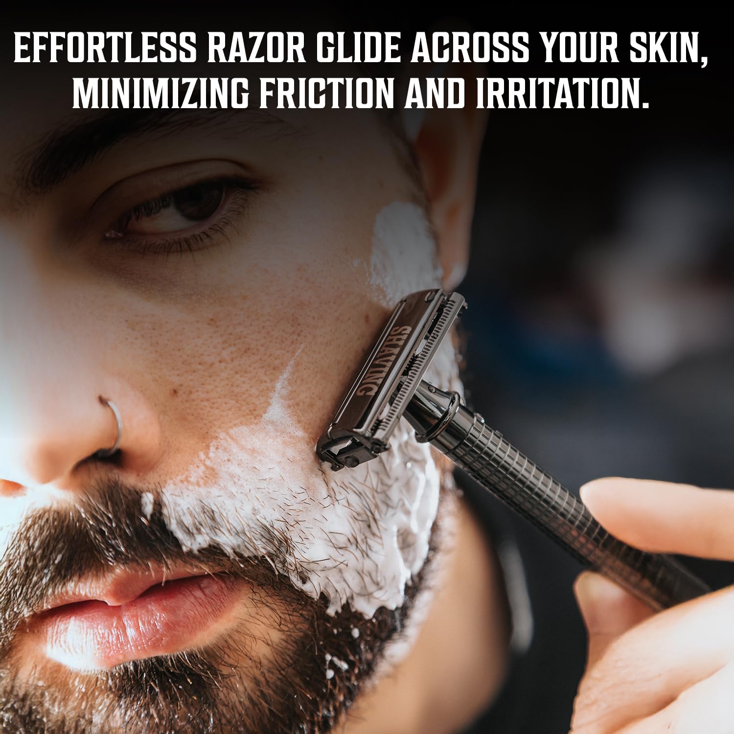 Highlights the razor's ability to glide effortlessly across skin, emphasizing a comfortable and irritation-free shaving experience.
