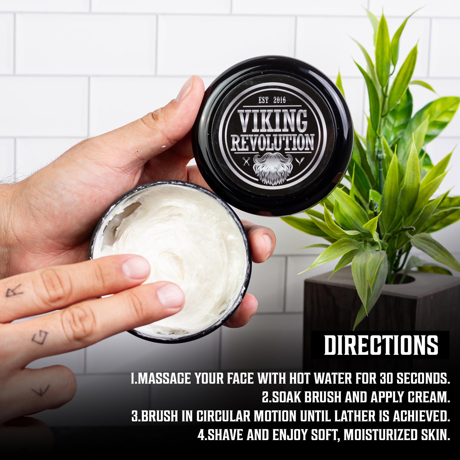 Provides step-by-step instructions on how to properly use the Viking Revolution shaving cream for optimal results.