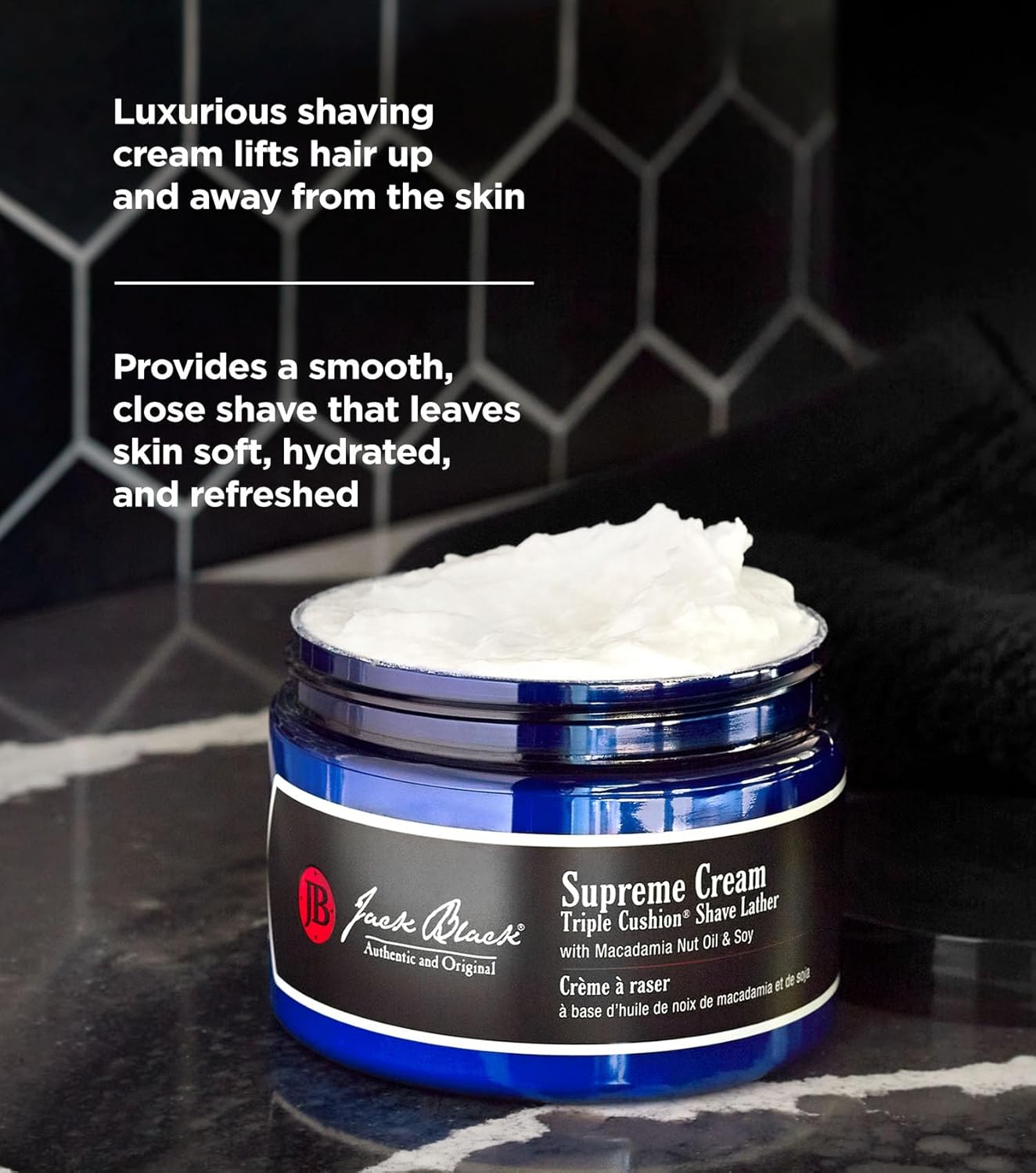 Highlights the product's ability to provide a luxurious, smooth shave while lifting hair and hydrating skin.