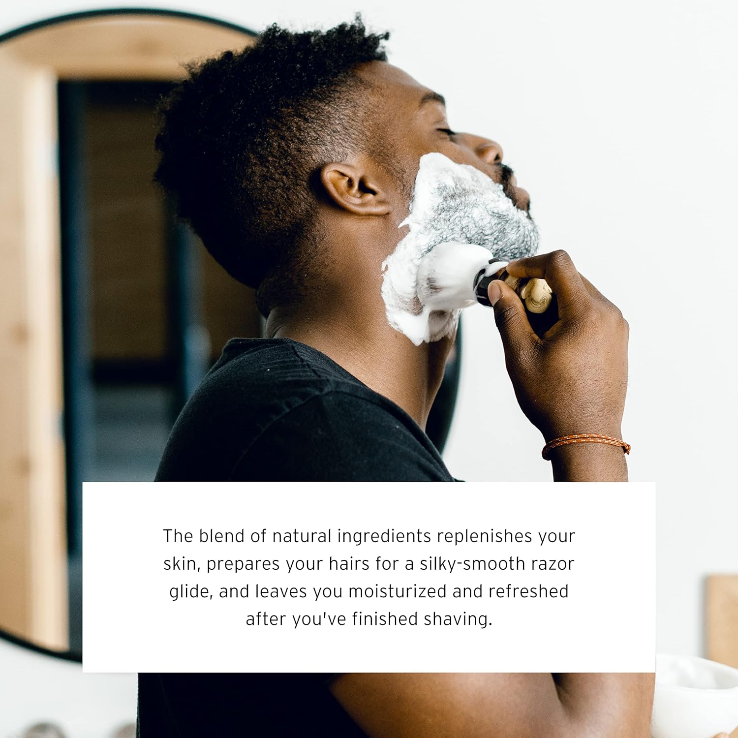 Highlights the product's natural ingredients that provide multiple benefits for a smooth, moisturizing shave experience.