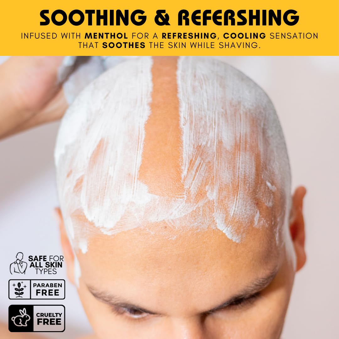 Highlights the product's menthol-infused formula that provides a cooling and soothing effect during shaving.