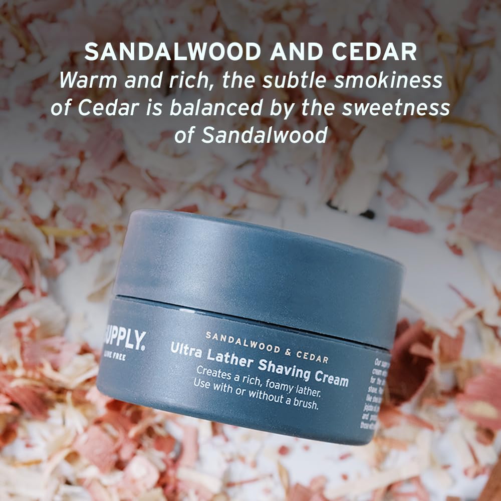 Highlights the unique scent combination of sandalwood and cedar in the shaving cream, emphasizing the warm and rich aroma to appeal to customers seeking a luxurious shaving experience.