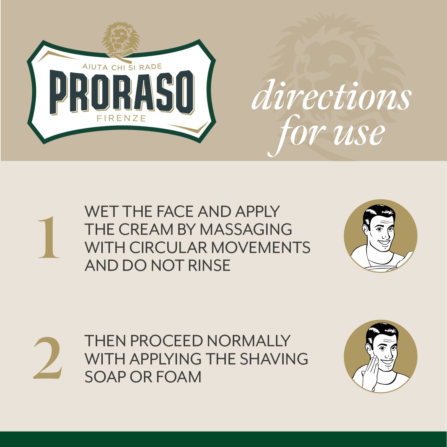 Provides step-by-step instructions on how to properly apply the Proraso shaving cream before shaving.