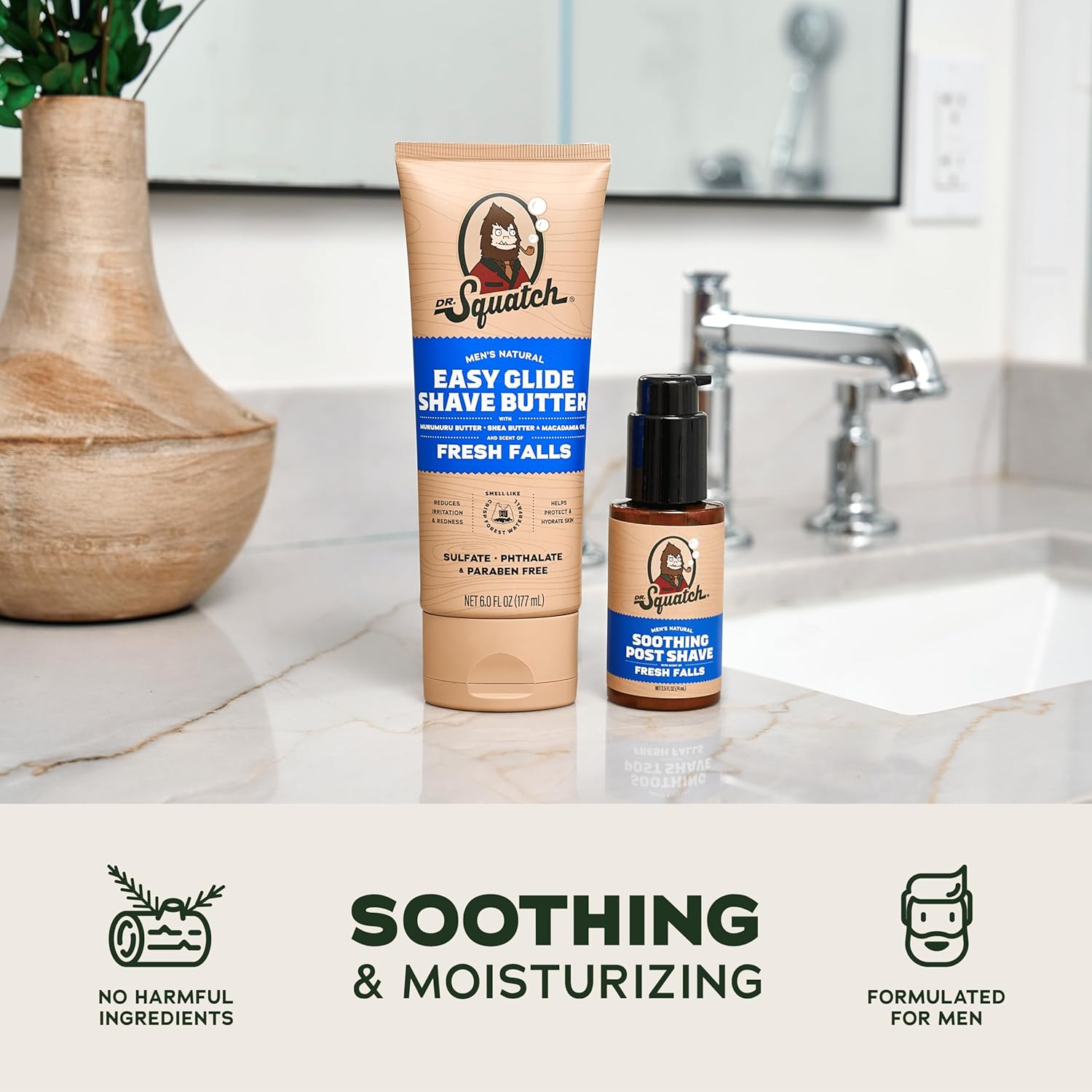 Highlights multiple benefits of the shaving products, emphasizing their natural, soothing, and moisturizing properties for men's skincare.