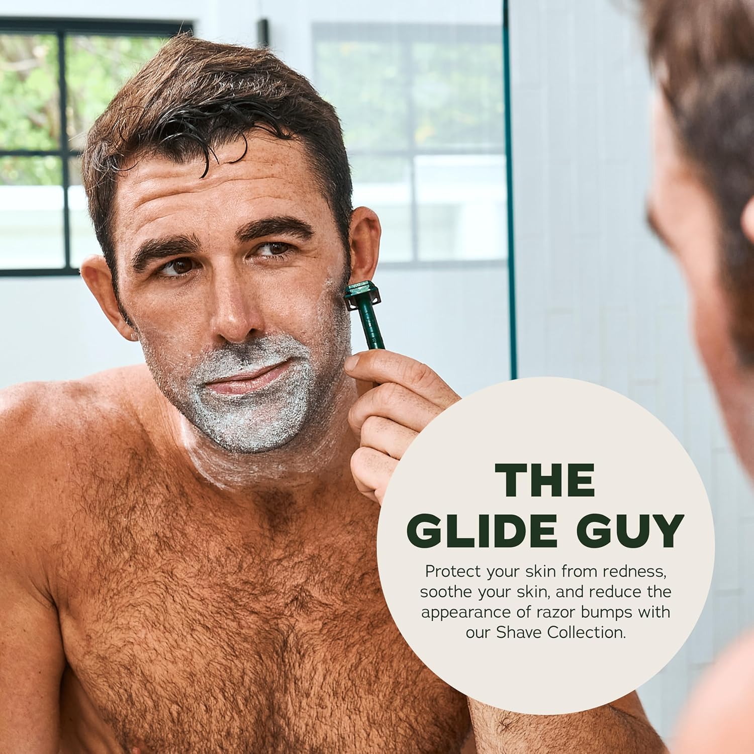Highlights the product's ability to protect skin from redness, soothe skin, and reduce razor bumps during shaving.