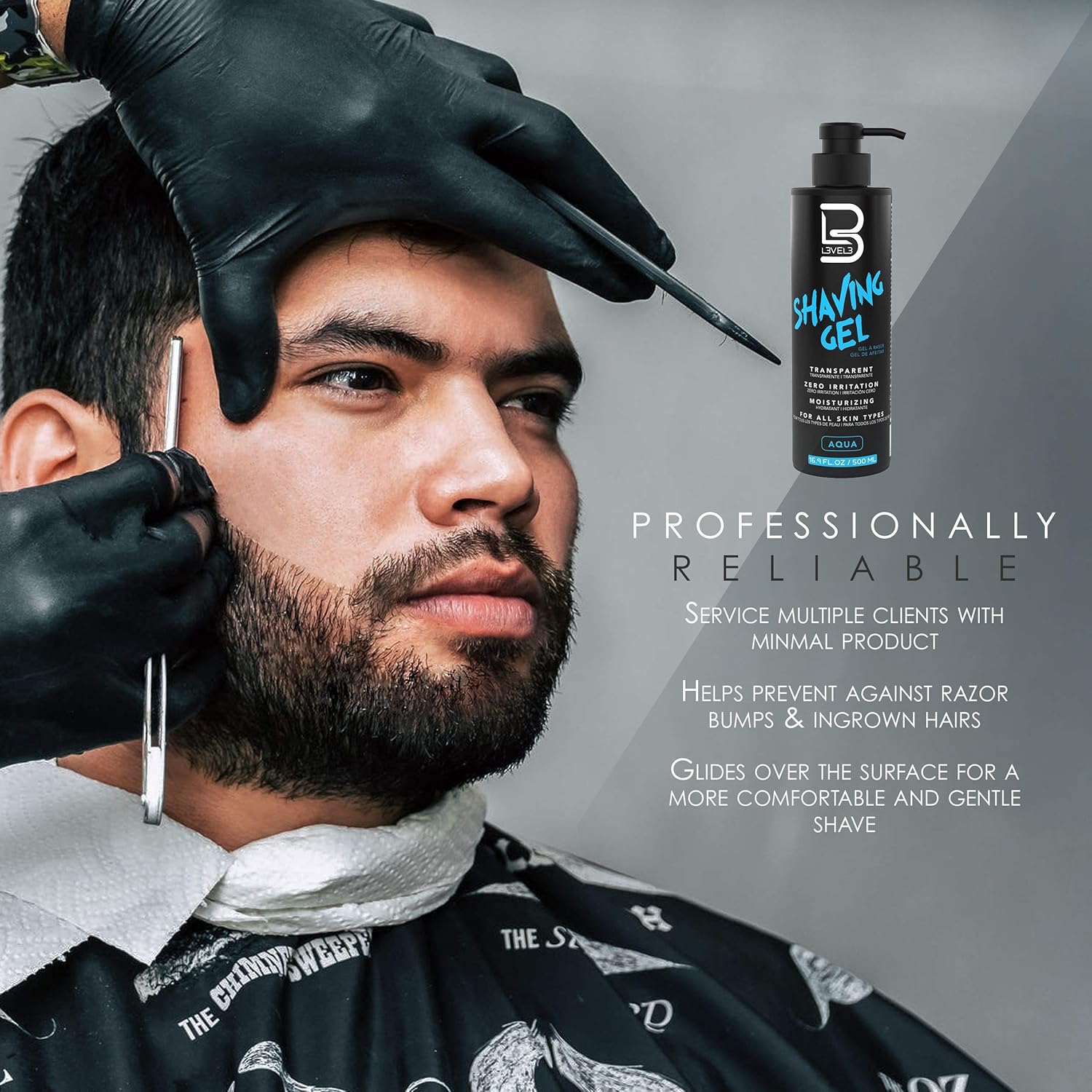 Highlights multiple benefits of the shaving gel for professional barbers, emphasizing its efficiency and effectiveness for client care.