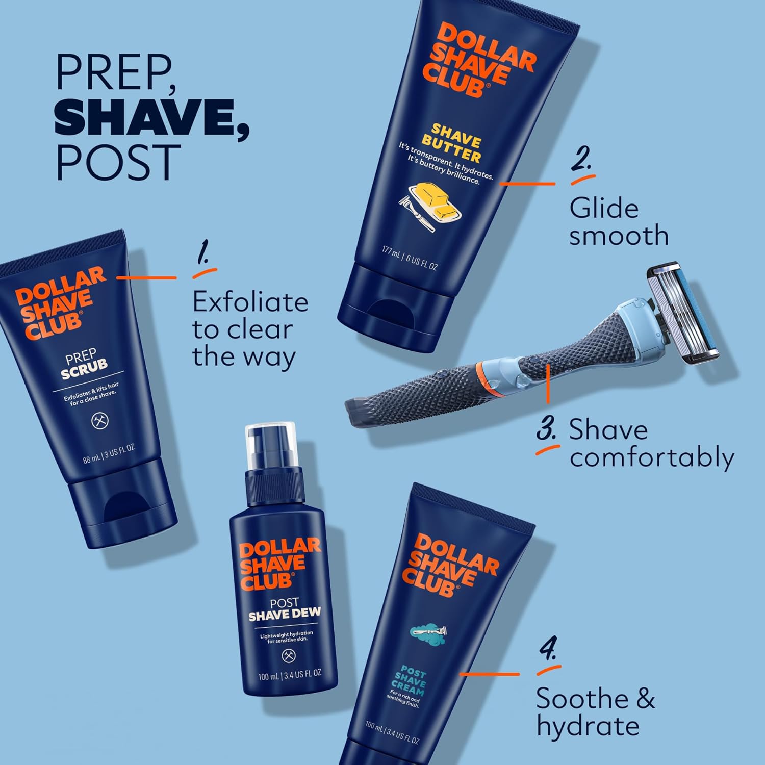 Explains the step-by-step process of using Dollar Shave Club products for a complete shaving routine. Shows all the products included in the Dollar Shave Club shaving set, demonstrating the complete…