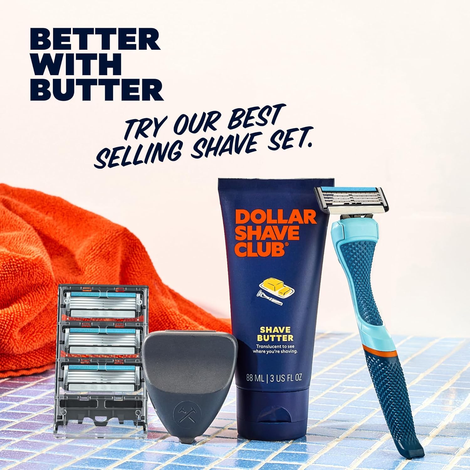 Shows all items included in the best-selling shave set to highlight the value and completeness of the product bundle. Emphasizes the unique 'Shave Butter' product as a key feature, suggesting a…
