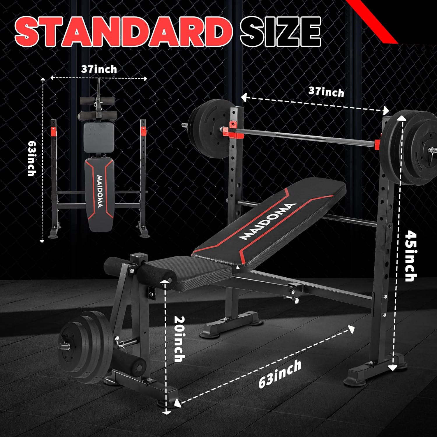 Provides exact measurements of the weight bench and rack to help customers understand the space requirements and ensure it fits in their intended workout area.