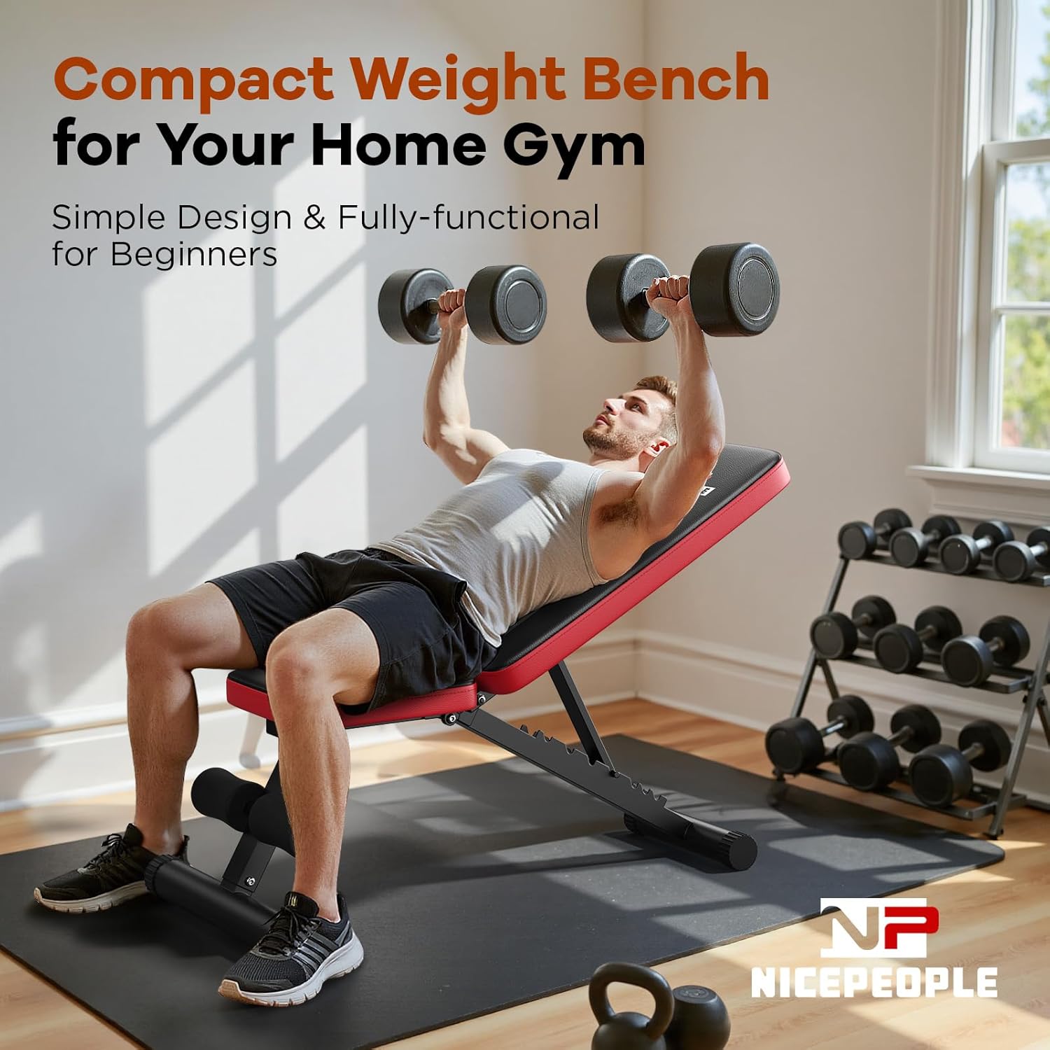 Demonstrates how the compact weight bench can be used effectively in a home gym setting, emphasizing its suitability for beginners. Highlights the compact nature of the weight bench, making it ideal…