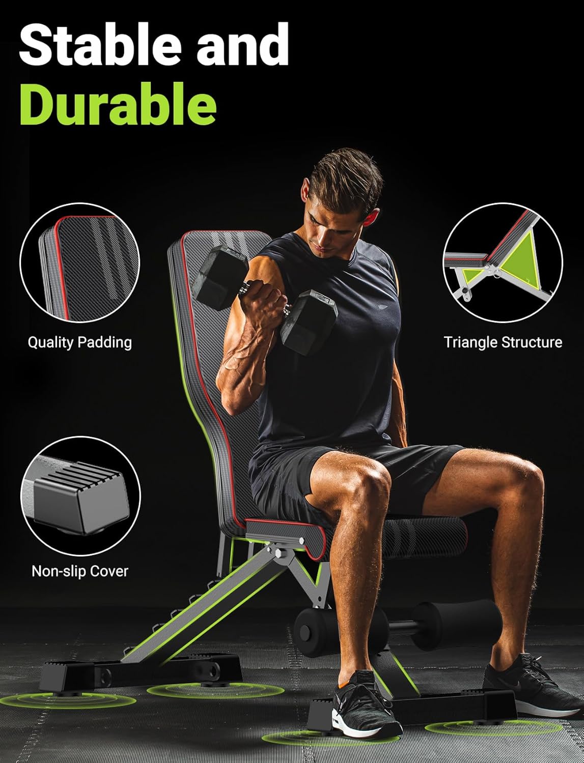 Highlights multiple features of the exercise bench to demonstrate its stability, durability, and safety for workouts.