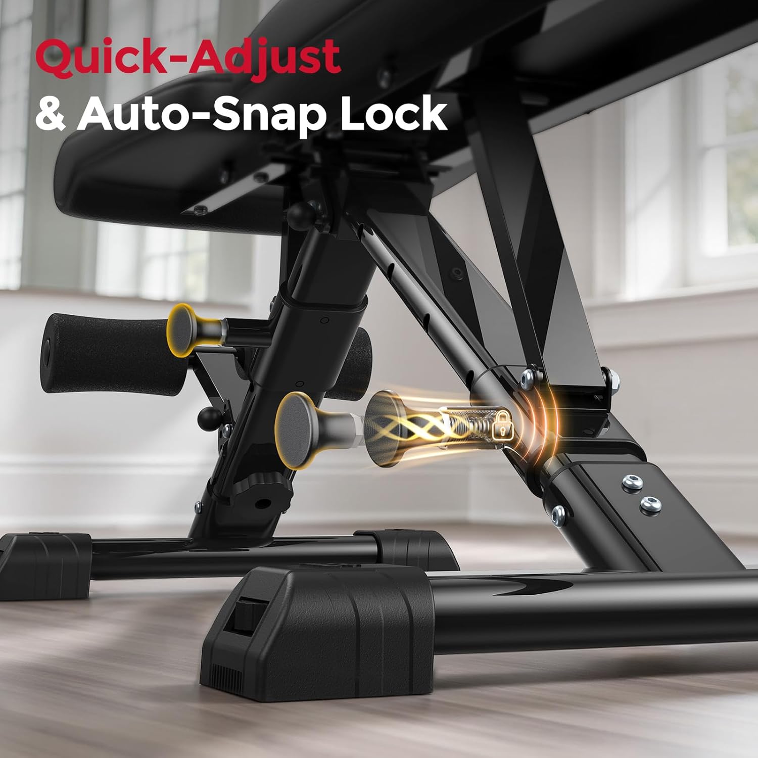 Highlights the product's easy adjustment and secure locking mechanism, emphasizing convenience and safety for the user.