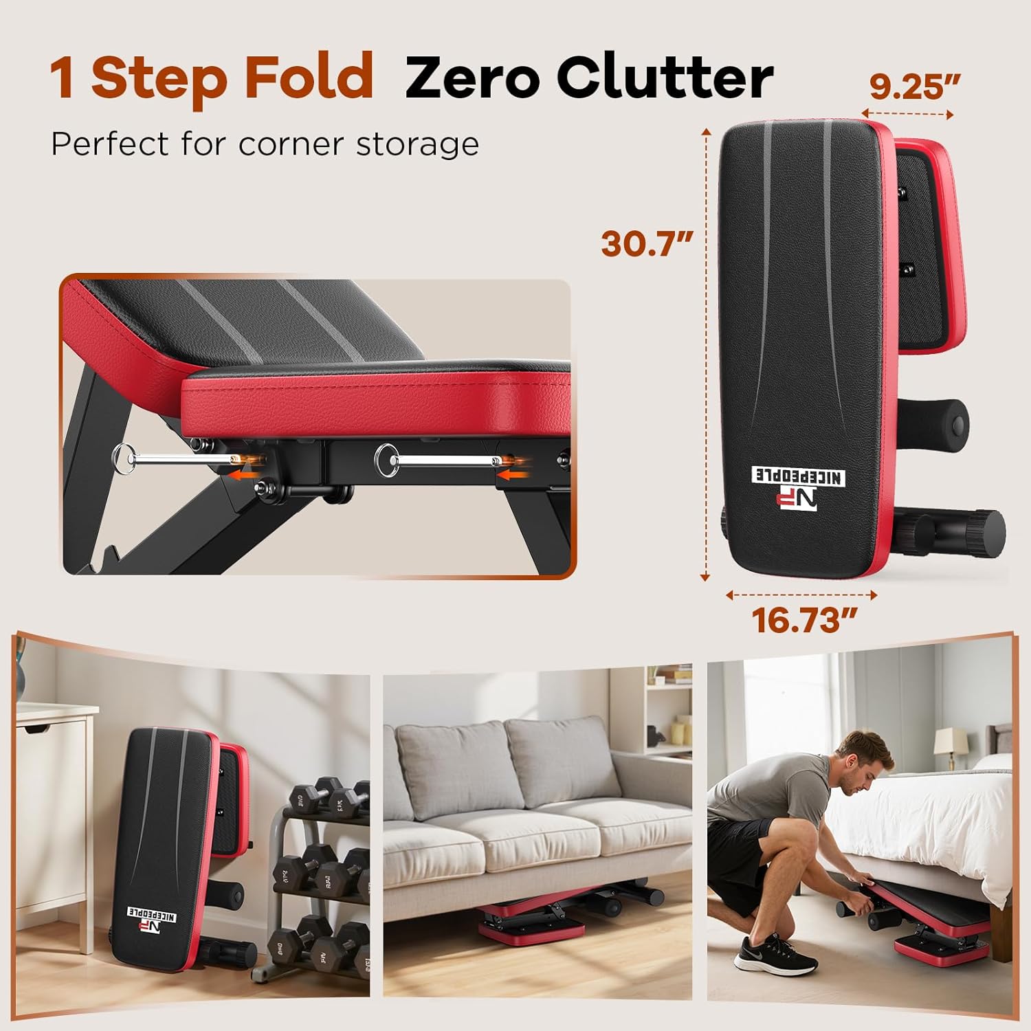 Highlights the product's space-saving design and versatility for home use, emphasizing its compact folding mechanism and multiple storage options. Provides precise measurements of the product to…