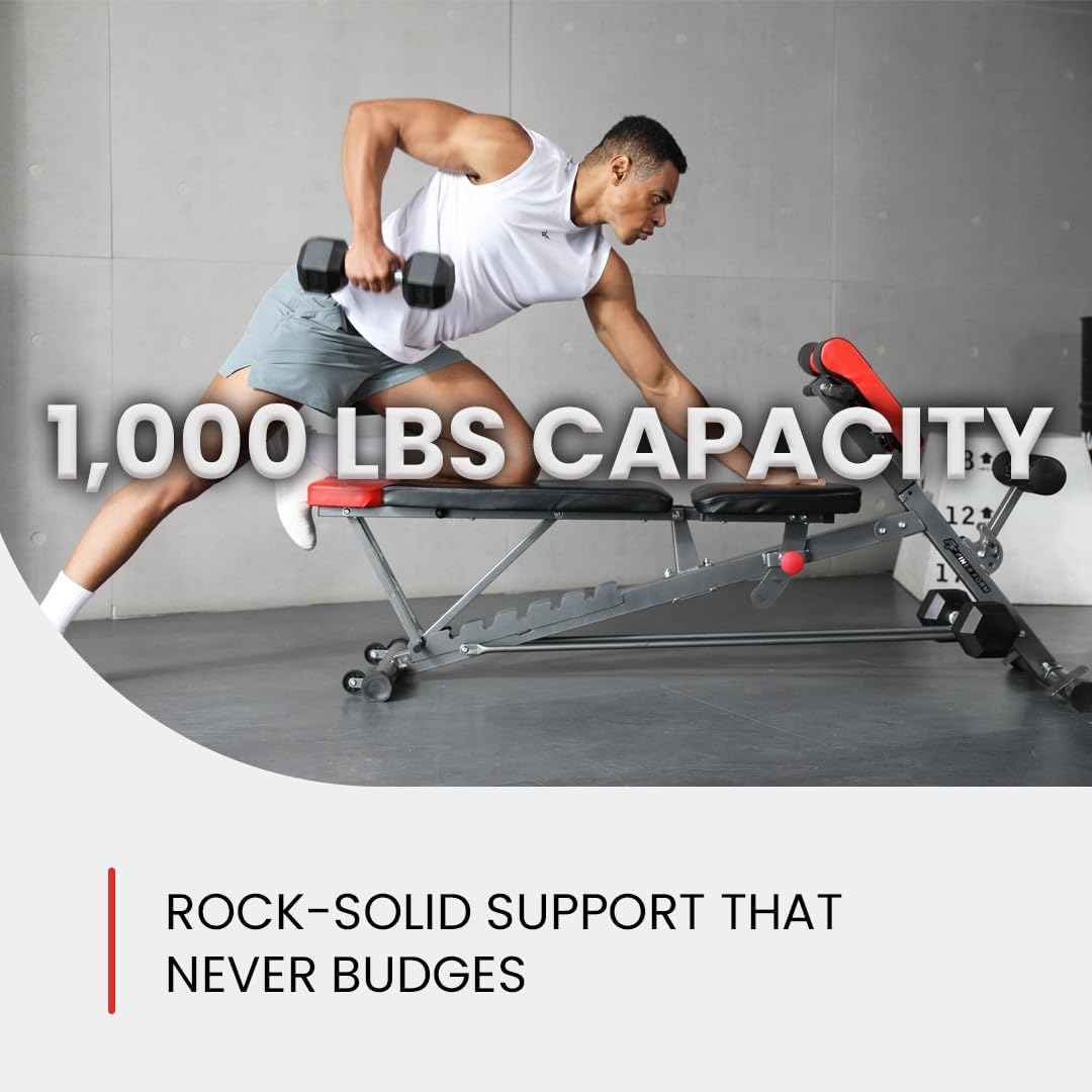 Emphasizes the high weight capacity of the exercise bench to reassure customers about its durability and stability during intense workouts. Highlights the bench's solid support to instill confidence…