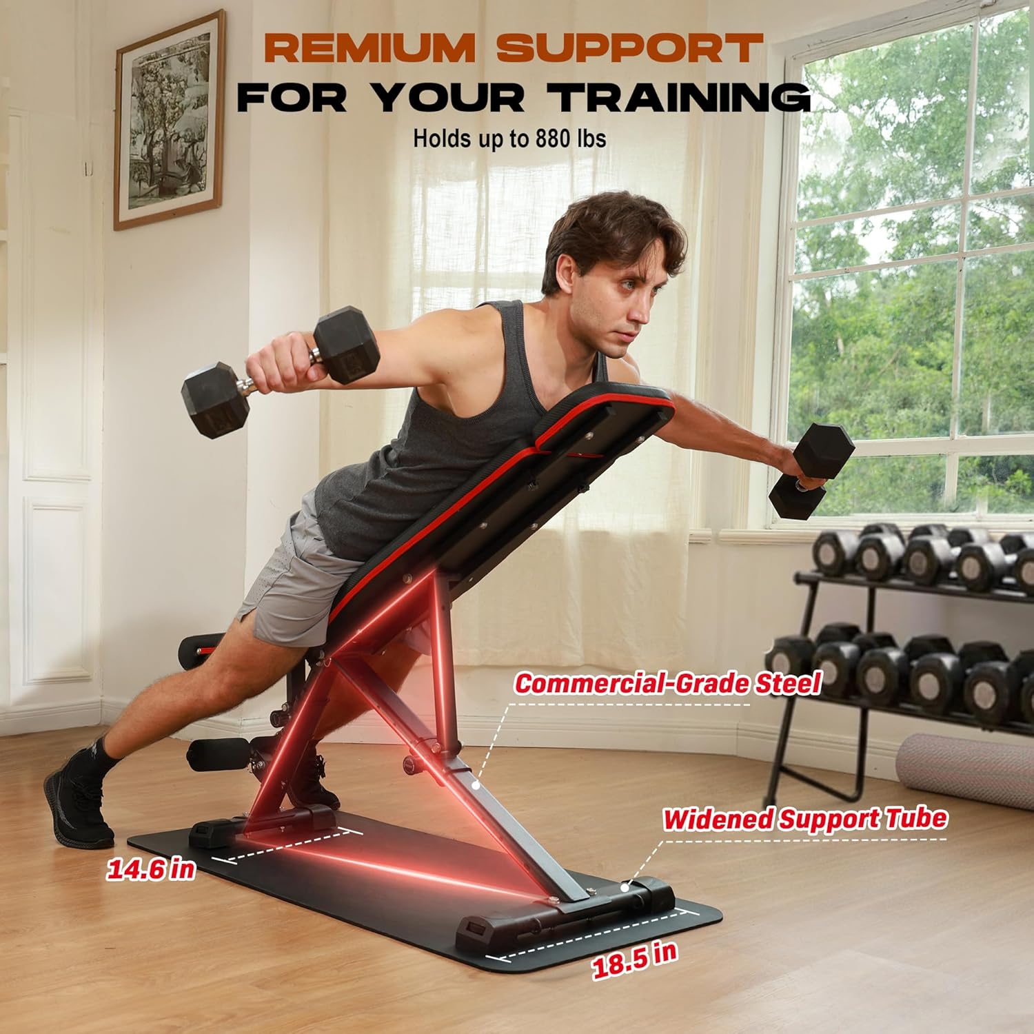 Highlights the product's premium support and durability for intense training, emphasizing its high weight capacity and stable design.