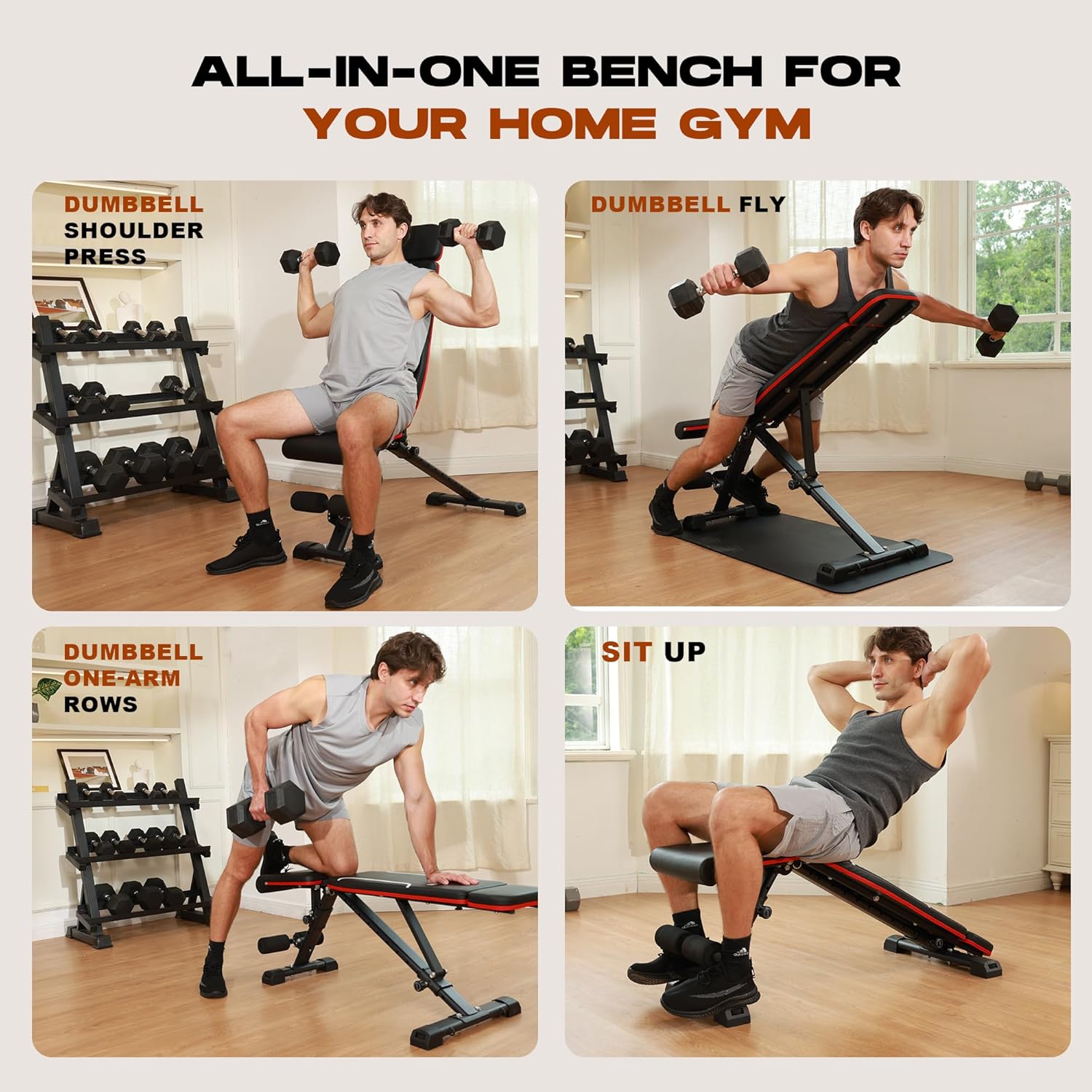 Demonstrates the versatility of the bench by showing different exercises that can be performed, highlighting its all-in-one functionality for a home gym setup.