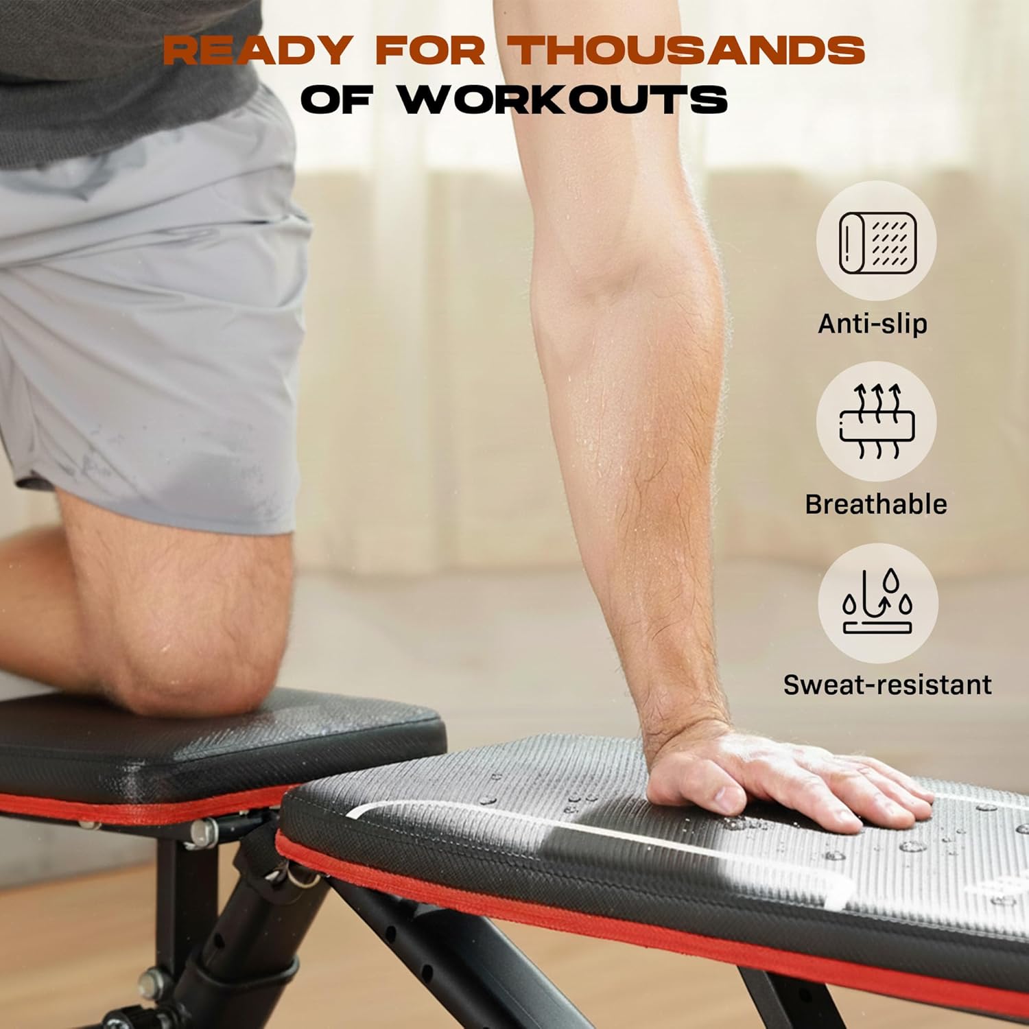 Highlights multiple key features of the workout bench to demonstrate its durability and comfort during intense exercise sessions.