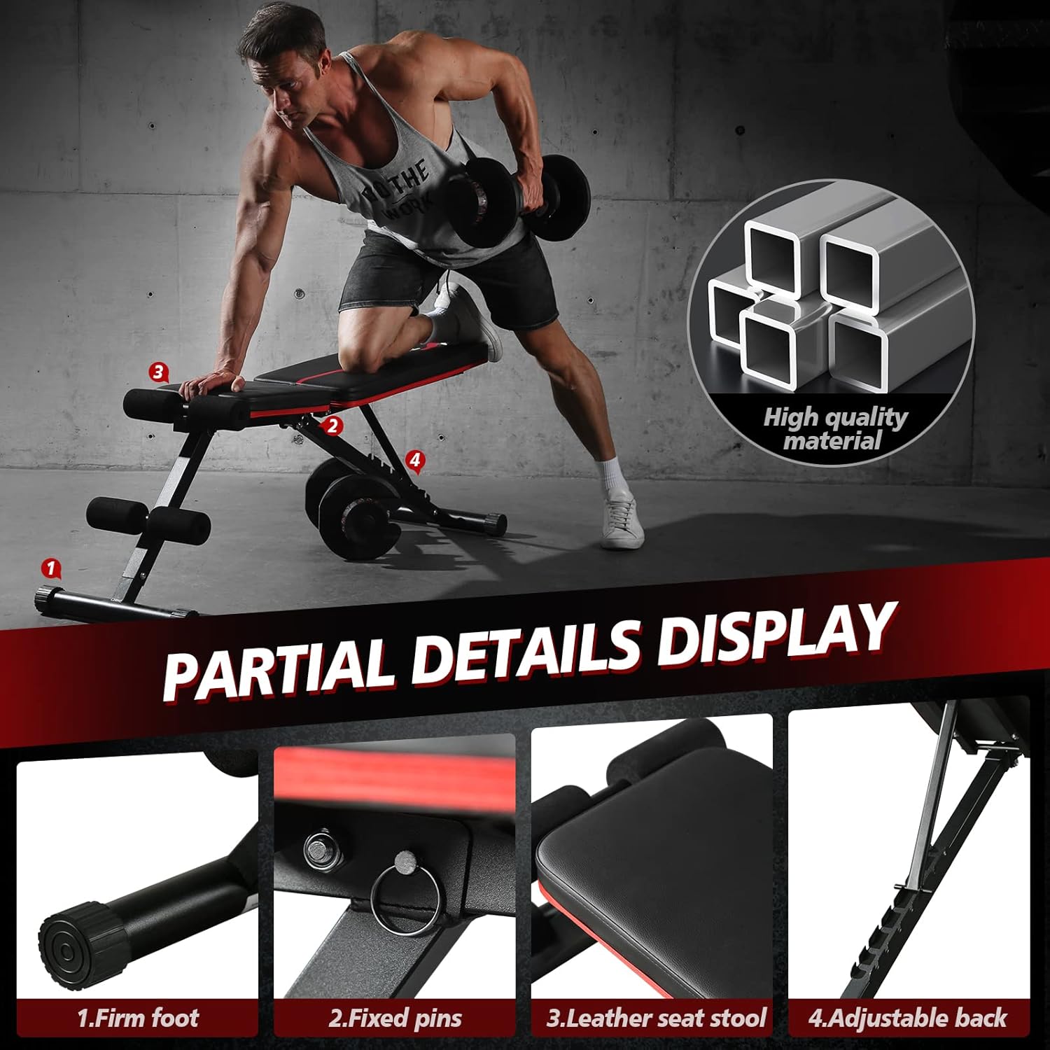 Highlights key features of the weight bench, including its adjustable back, firm foot, and high-quality construction materials. Shows the product in use by a muscular model, demonstrating its…
