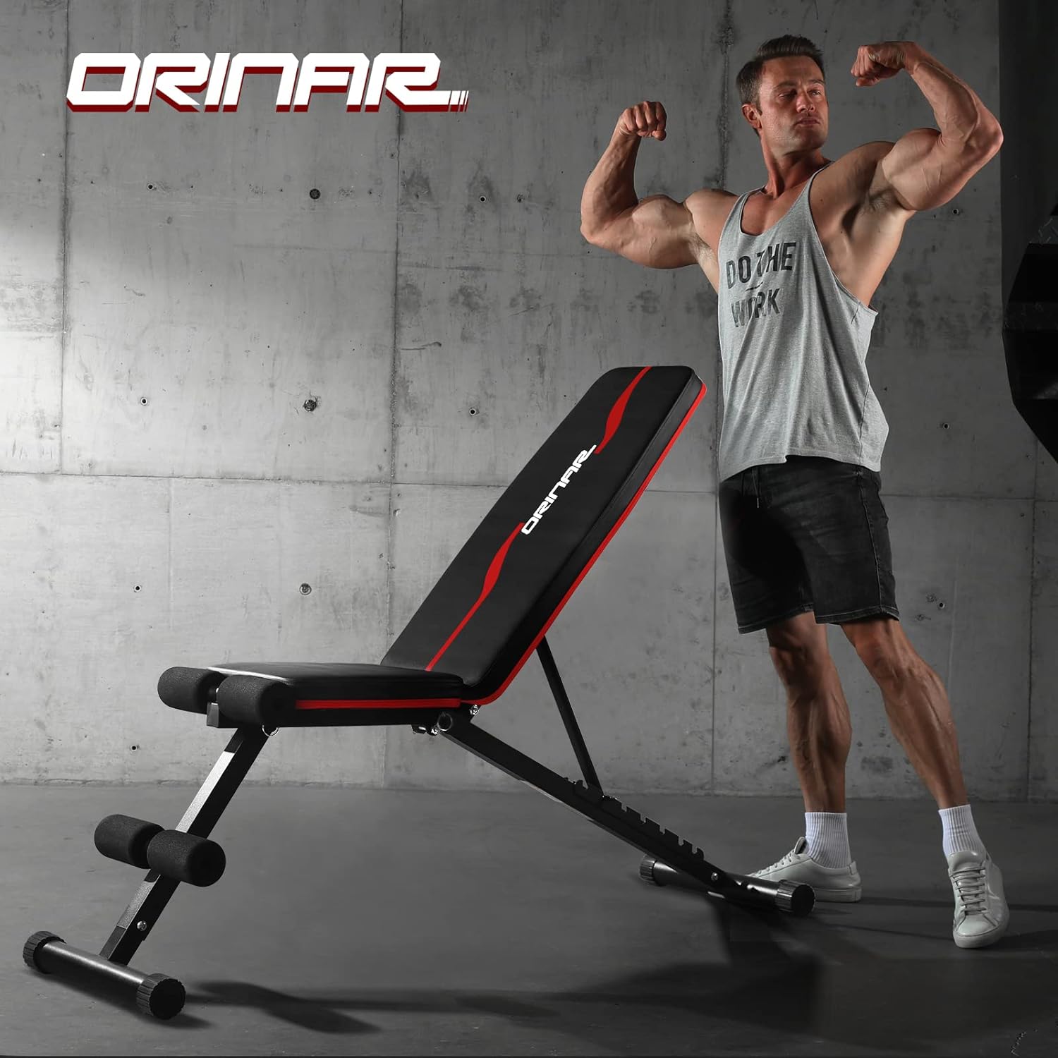 Shows the product in use with a muscular model to demonstrate its effectiveness for strength training and building muscle at home.