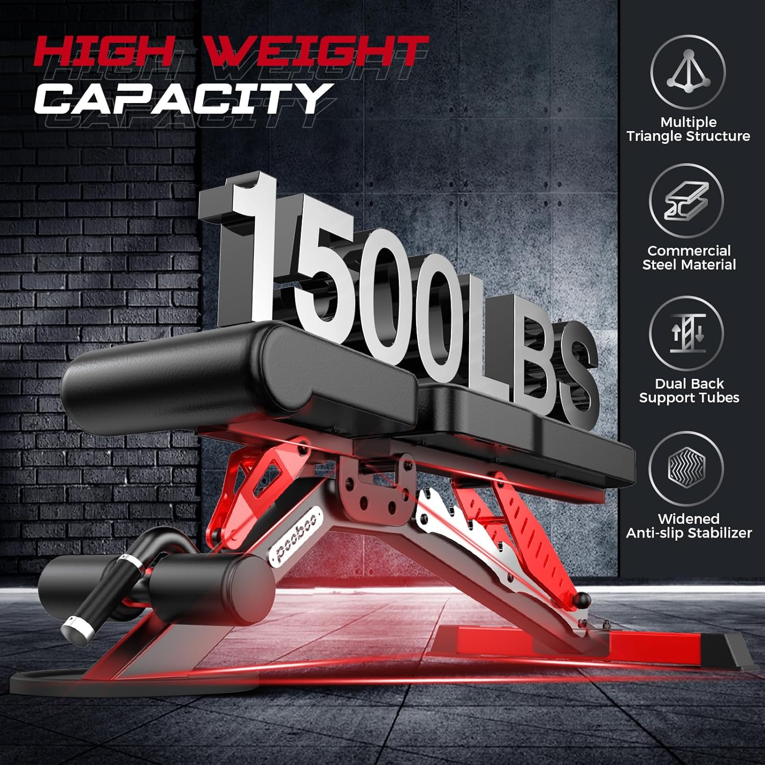 Highlights the weight capacity of the bench and elements of the product which make it strong. 

Condensed: Weight Capacity 