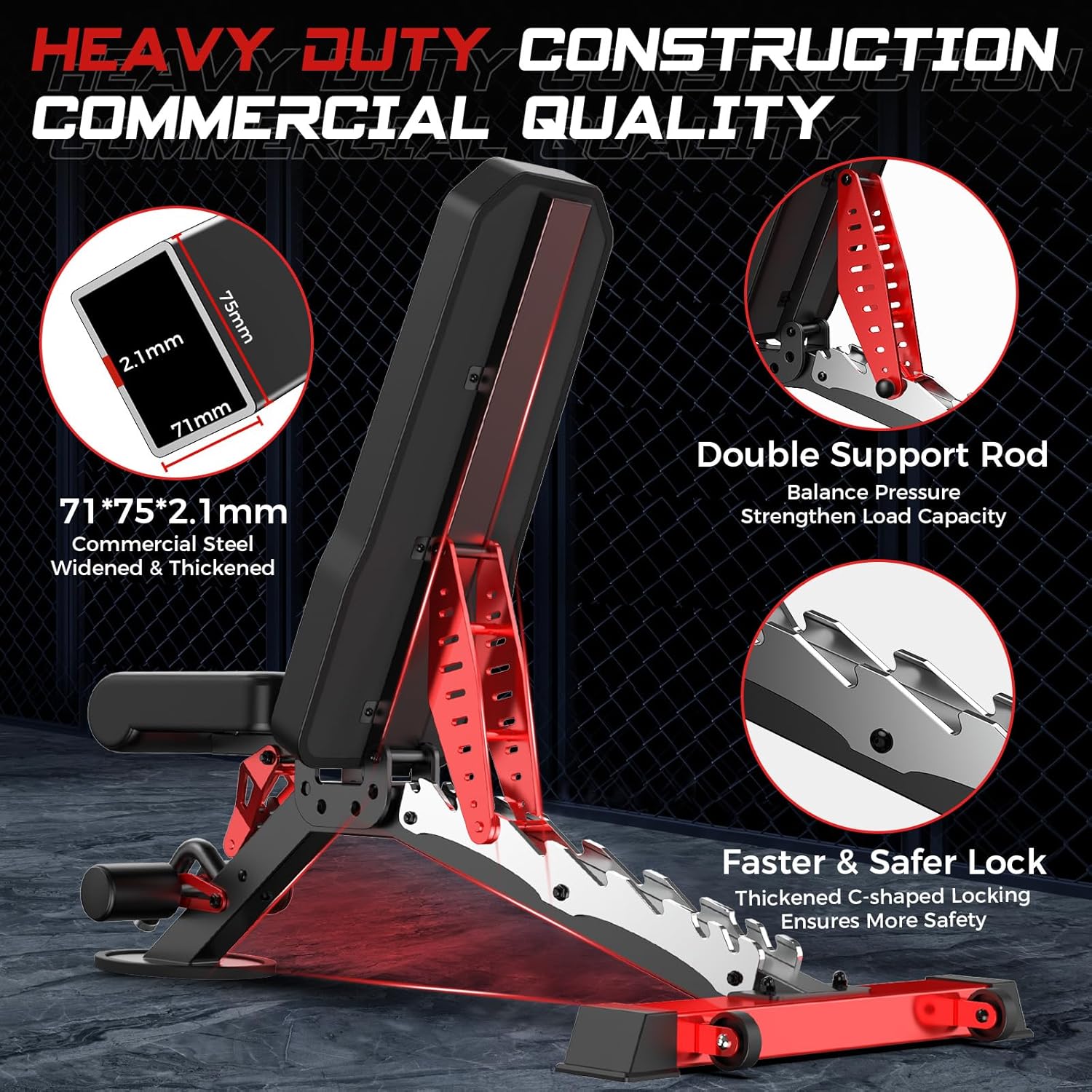 Highlights multiple features of the weight bench to demonstrate its durability, strength, and safety for commercial use.