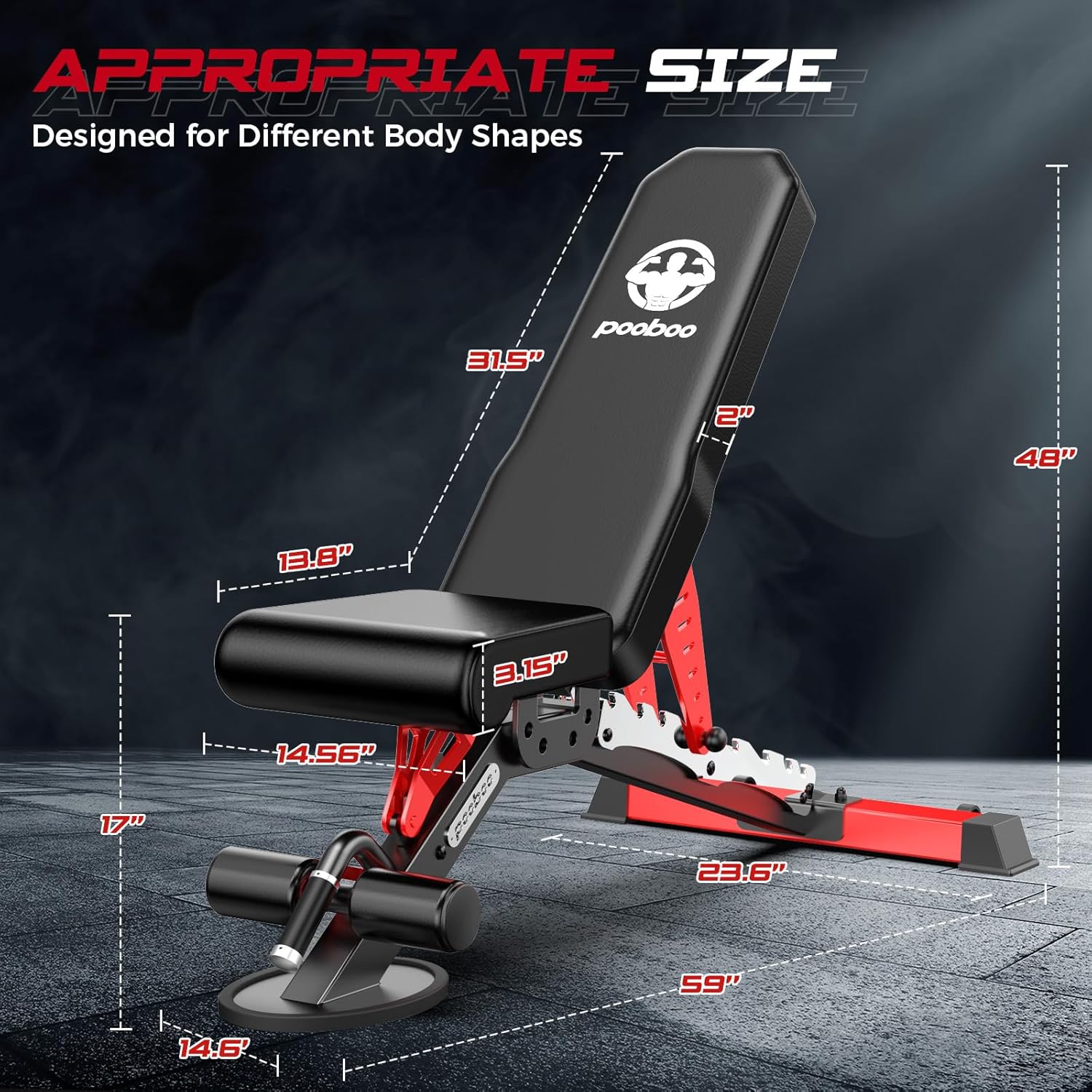 Provides detailed dimensions of the workout bench to show its appropriate size for different body shapes and exercises.