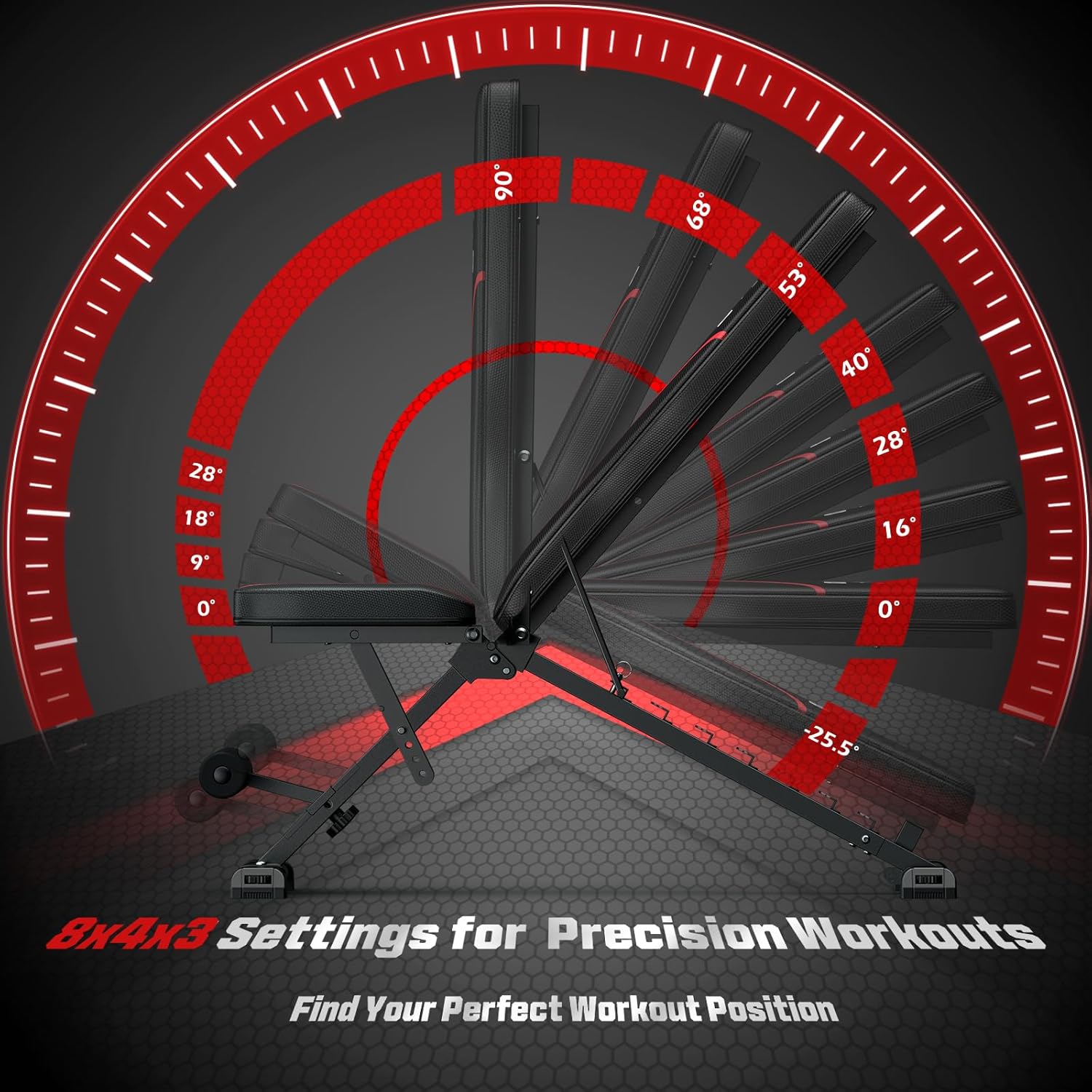 Demonstrates the wide range of adjustable angles for the workout bench, allowing users to find their optimal position for different exercises.