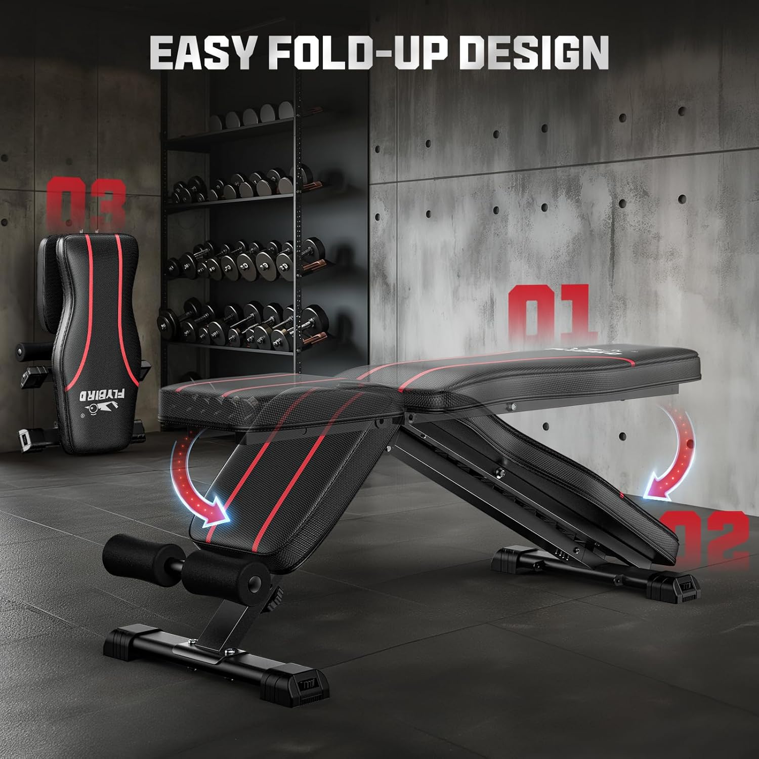 Demonstrates the product's folding mechanism, showing how easily it can be set up or stored away. Highlights the space-saving feature of the workout bench, appealing to users with limited space.
