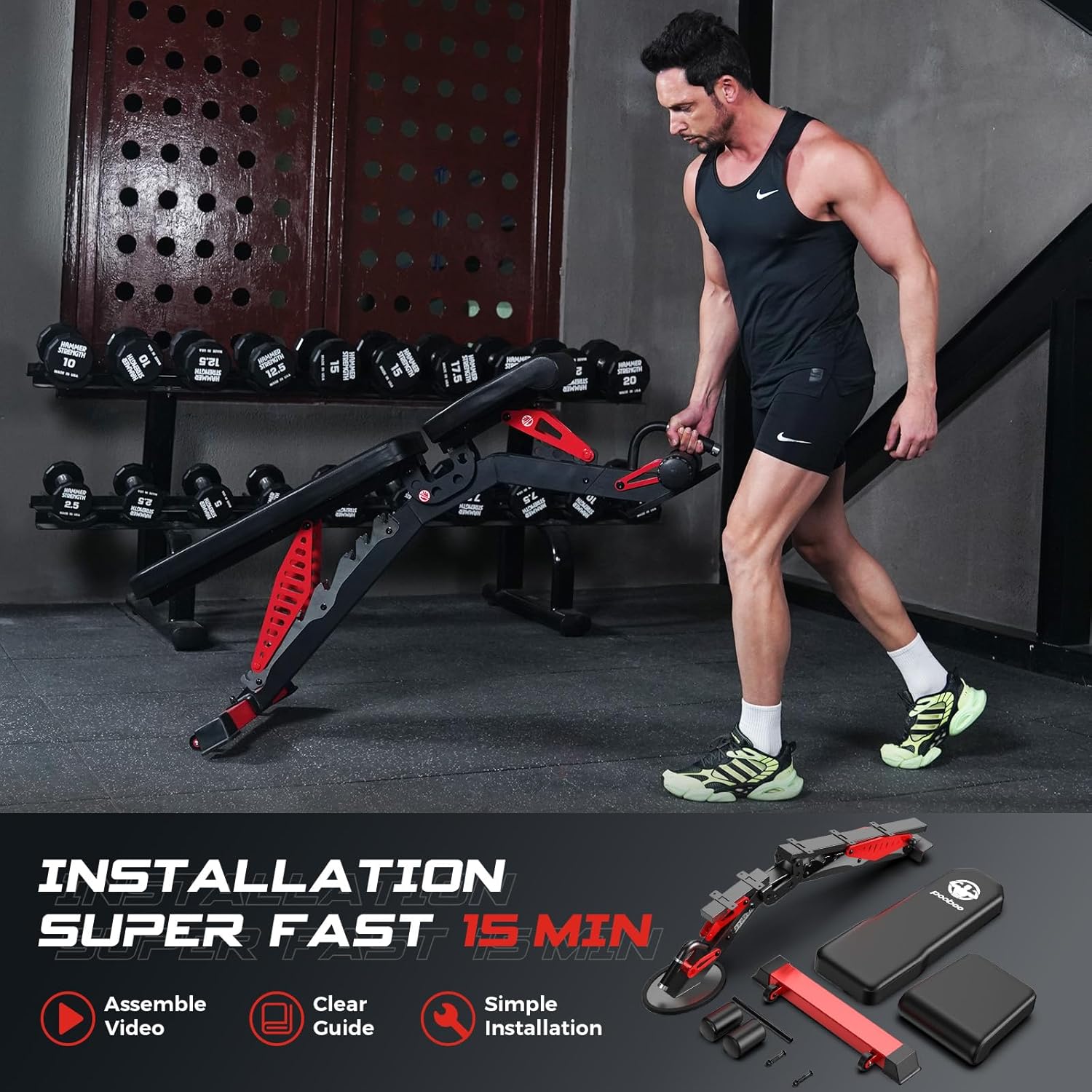 Demonstrates the ease and speed of setting up the exercise equipment, emphasizing the 15-minute installation time. Highlights the product's quick and easy assembly process to appeal to customers who…