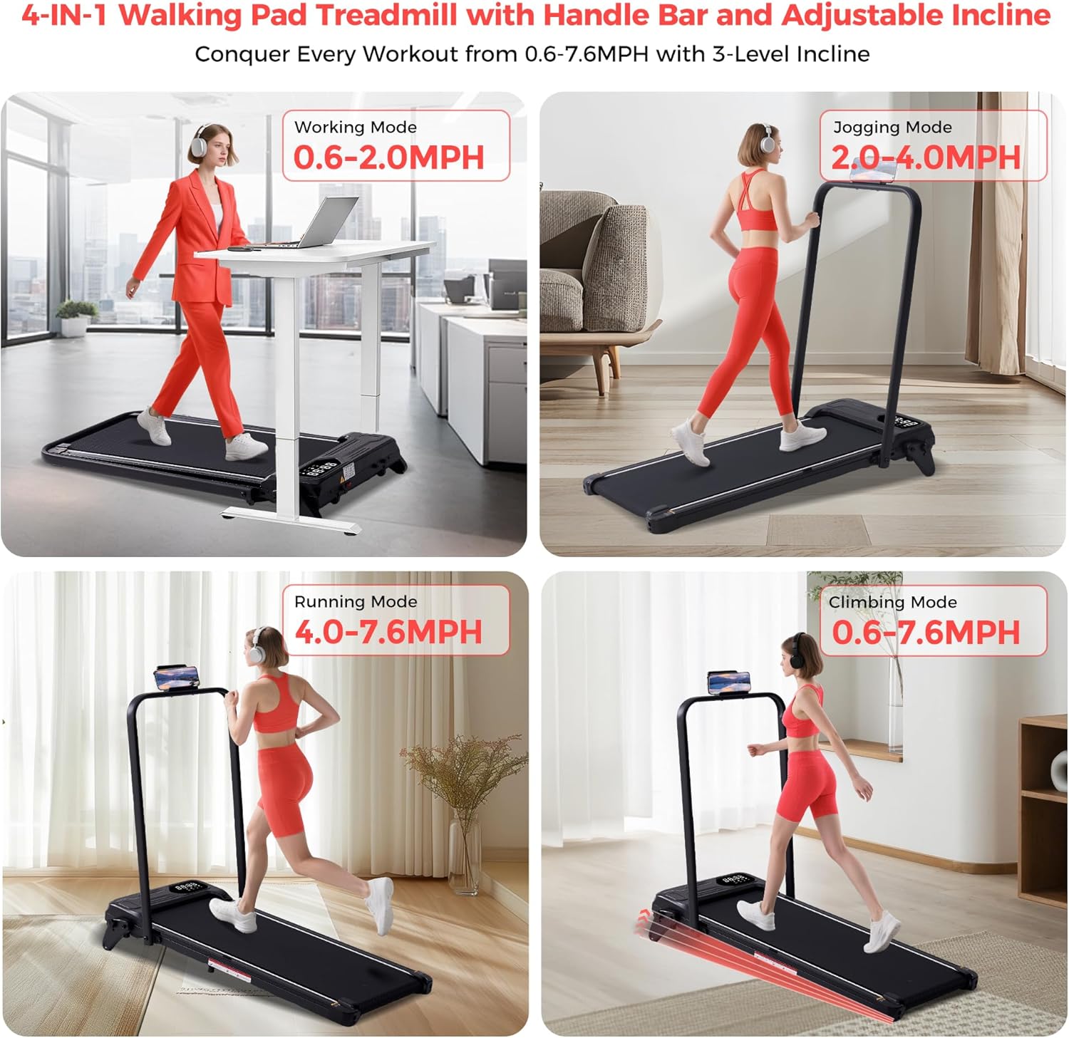 Walking Pad with Handle Bar & 3-Level Incline: Infographics