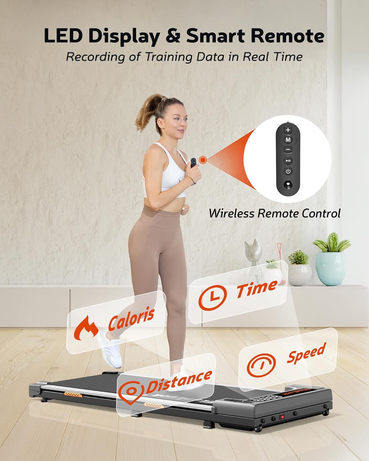 Highlights the treadmill's advanced features including LED display, wireless remote control, and ability to track multiple workout metrics in real-time.