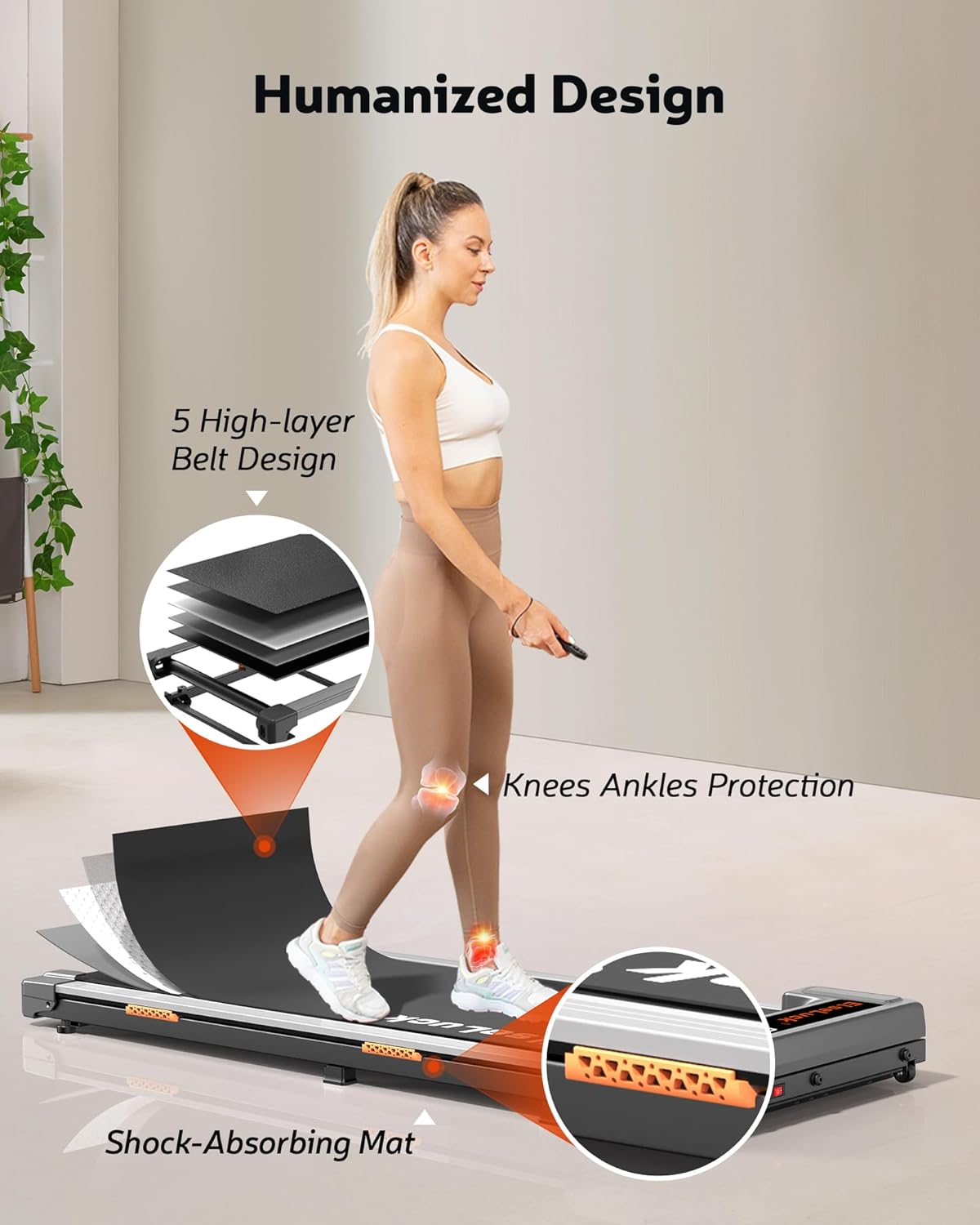 Highlights multiple ergonomic features of the treadmill, emphasizing comfort and safety for the user.