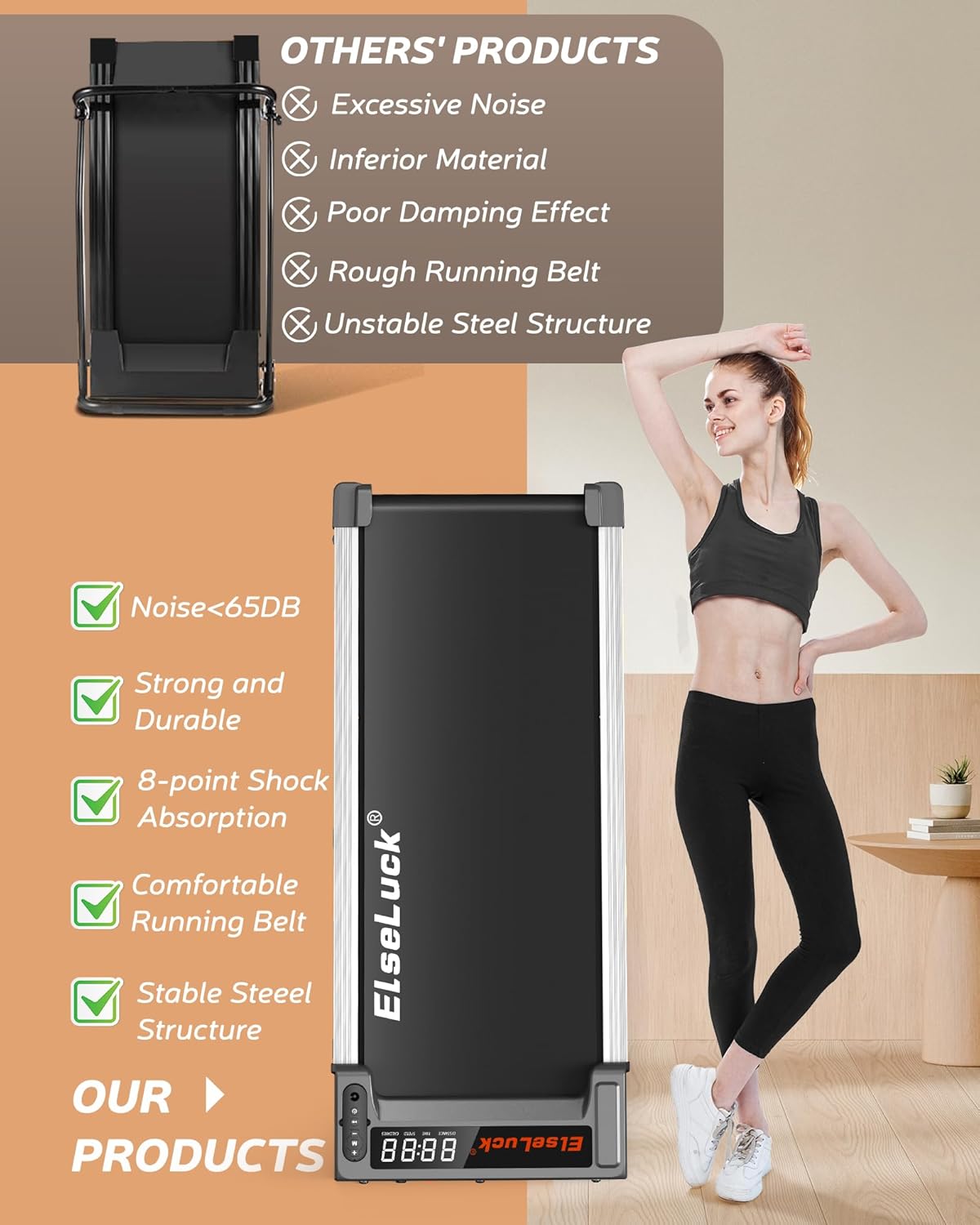 Highlights the superior features of the Elseluck treadmill compared to competitors, emphasizing its quieter operation, better materials, and more stable structure.